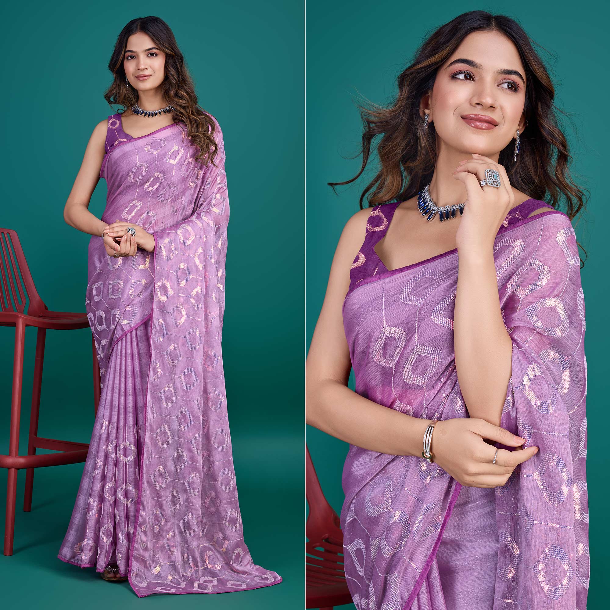 Peachmode Lavender Sequin Embroidered Georgette Saree