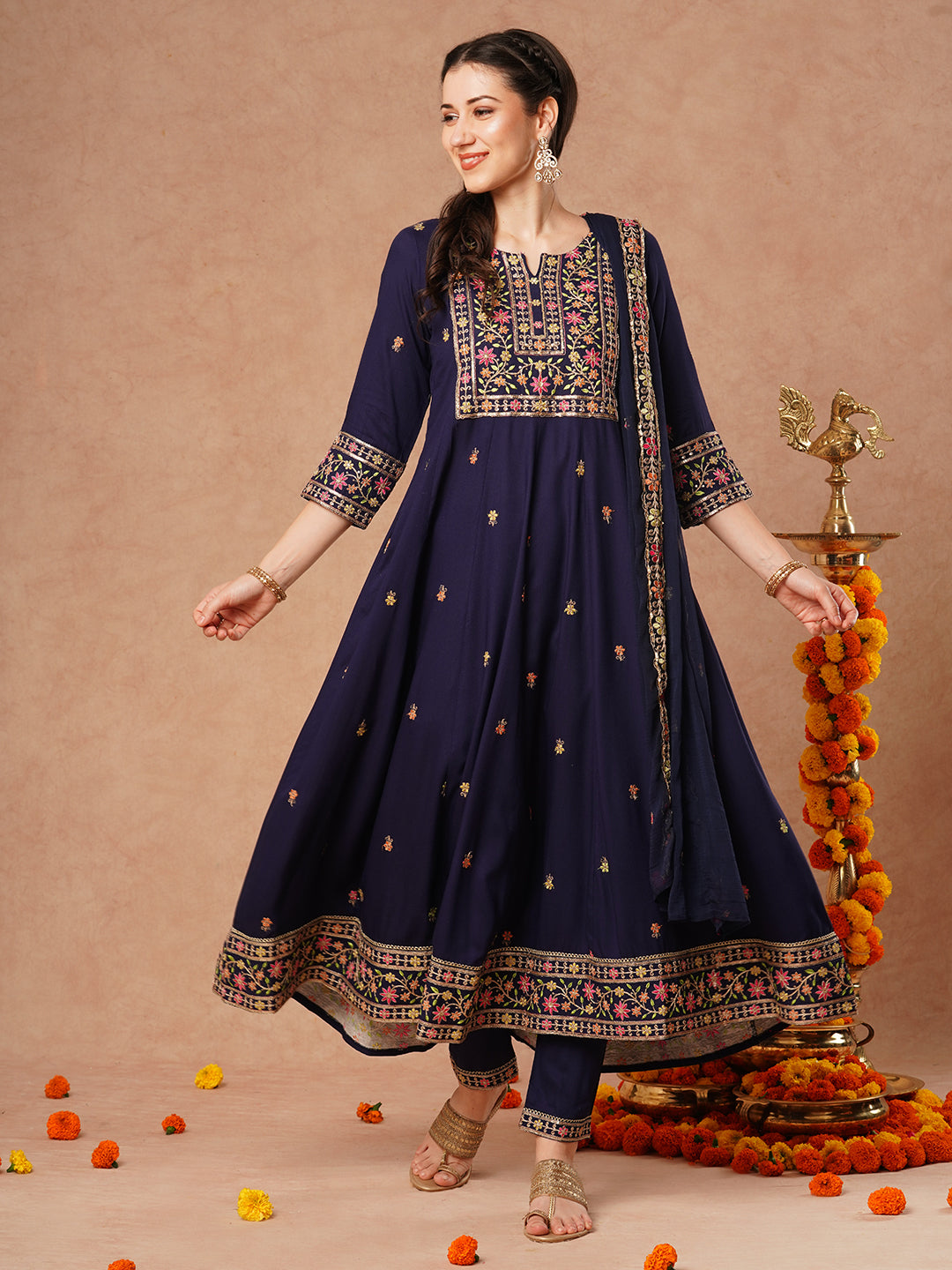 FASHOR Solid Floral Embroidered Anarkali Kurta with Pant & Dupatta - Blue