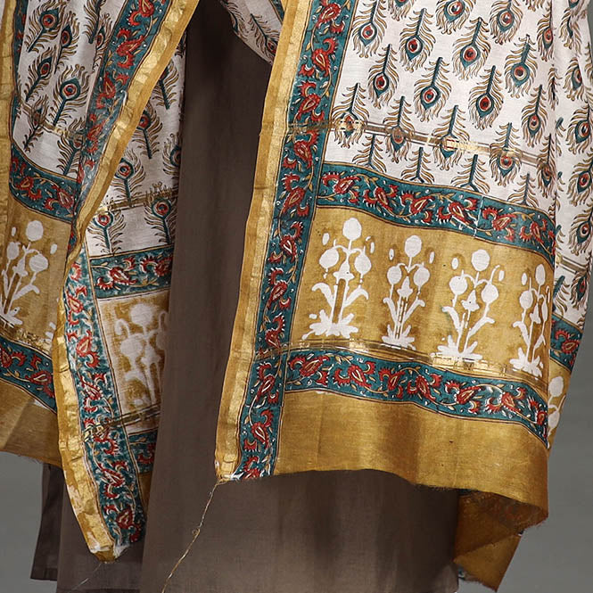 ARTISAN HAND BLOCK PRINTS Brown - Handloom Chanderi Silk Sanganeri Print Dupatta 28 - view 5