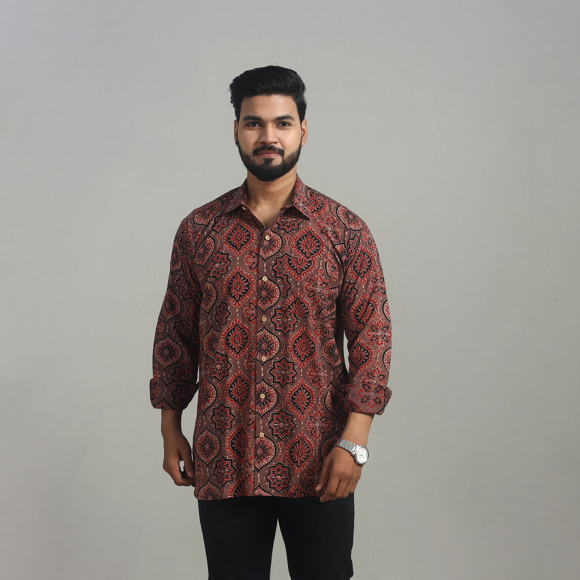 ITOKRI CASUALS Brown - Natural Dyed Cotton Men Ajrakh Print Shirt 02