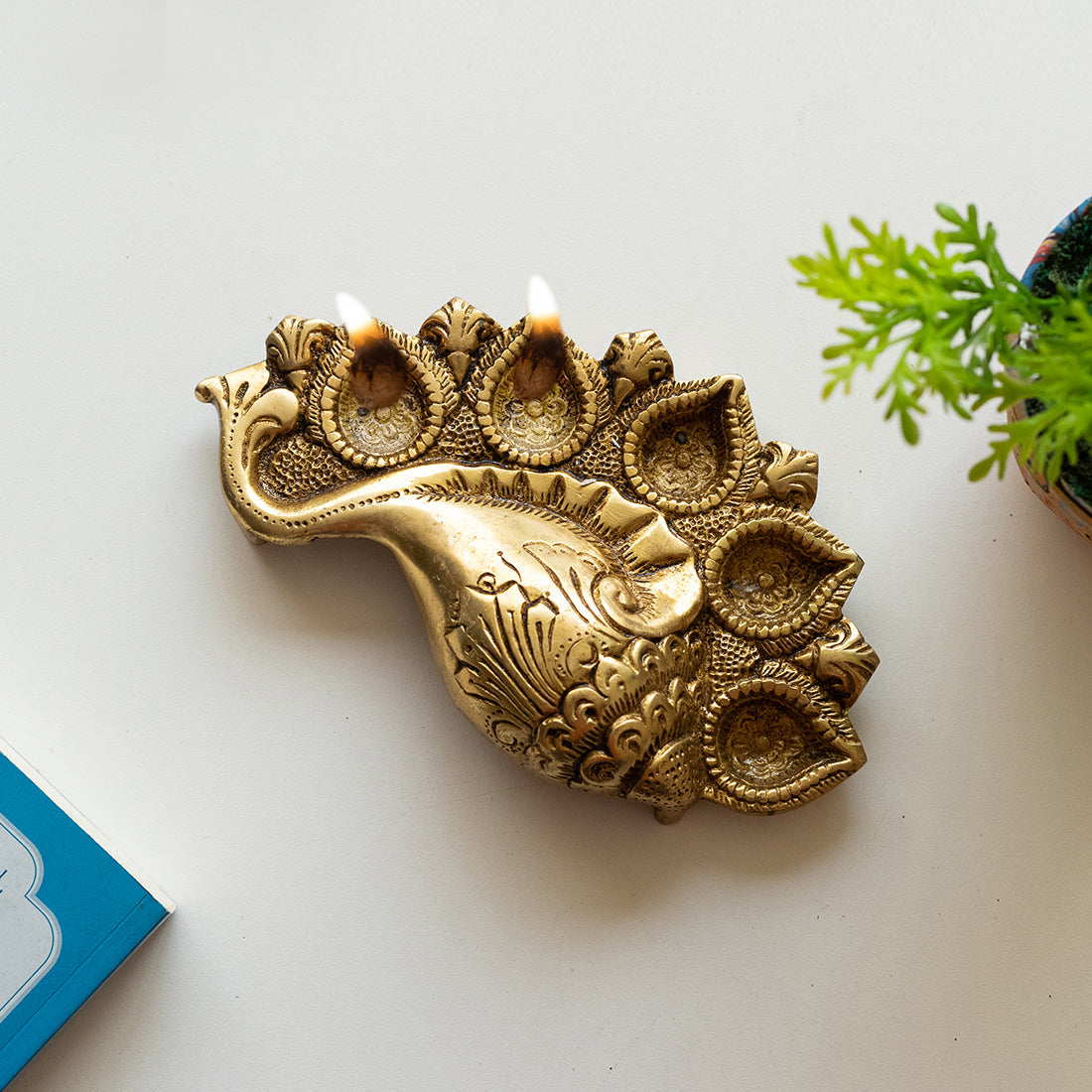 EXCLUSIVELANE 'Shankh' Brass Diya In Brass (5 Wicks, 0.7 Kg, Hand-Etched)