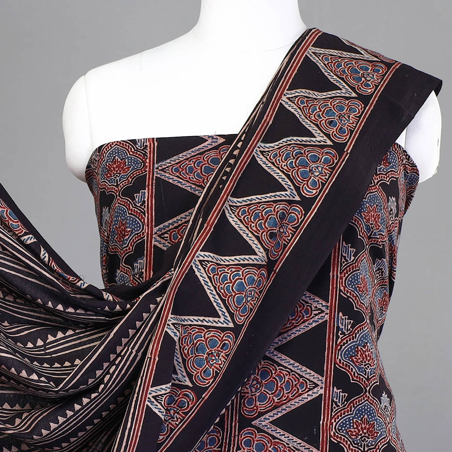 KACHCHH JI CHHAAP Black - 3pc Ajrakh Hand Block Printed Cotton Suit Material Set - view 3