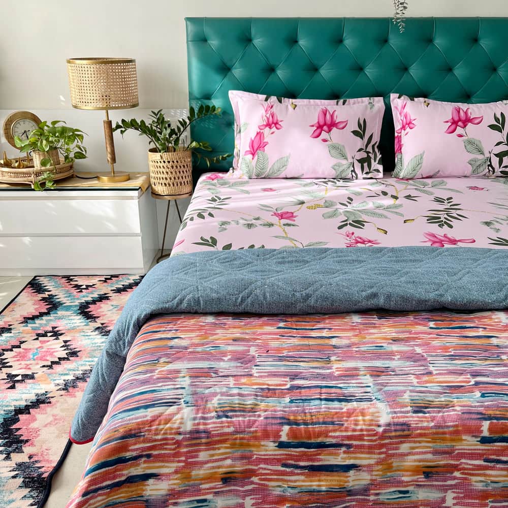 Urban Space -Home Furnishing Store Cotton Bedsheet + AC Blanket Combo Pack - (Combo 21 - Bloom Ray Rose Pink + Jaipur)