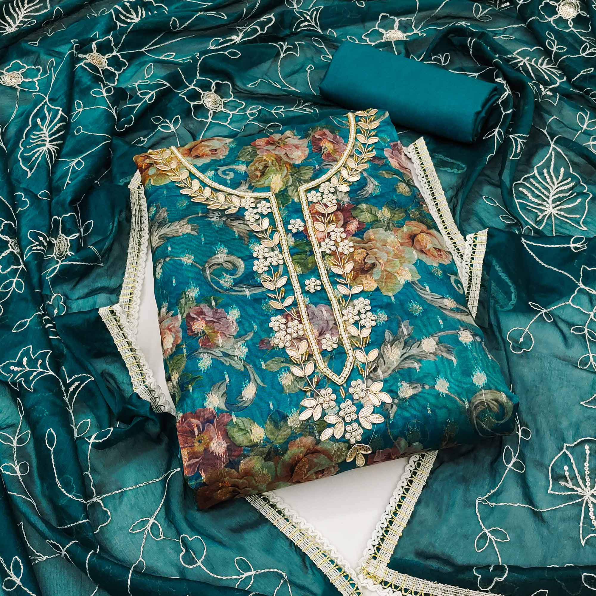 Peachmode Morpich Floral Digital Printed With Moti Work Organza Dress Material