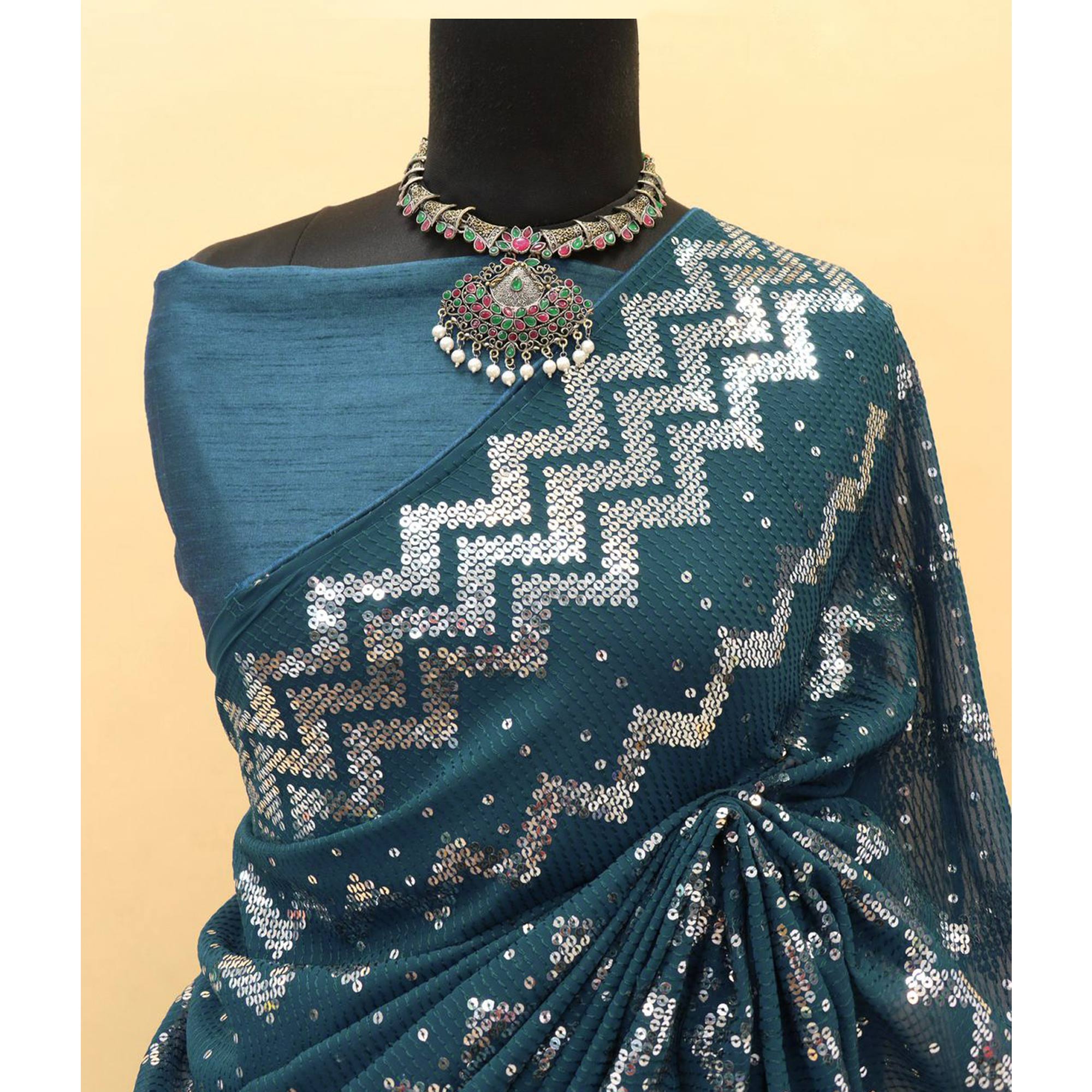 Peachmode Morpich Sequins Embroidered Georgette Saree - view 4