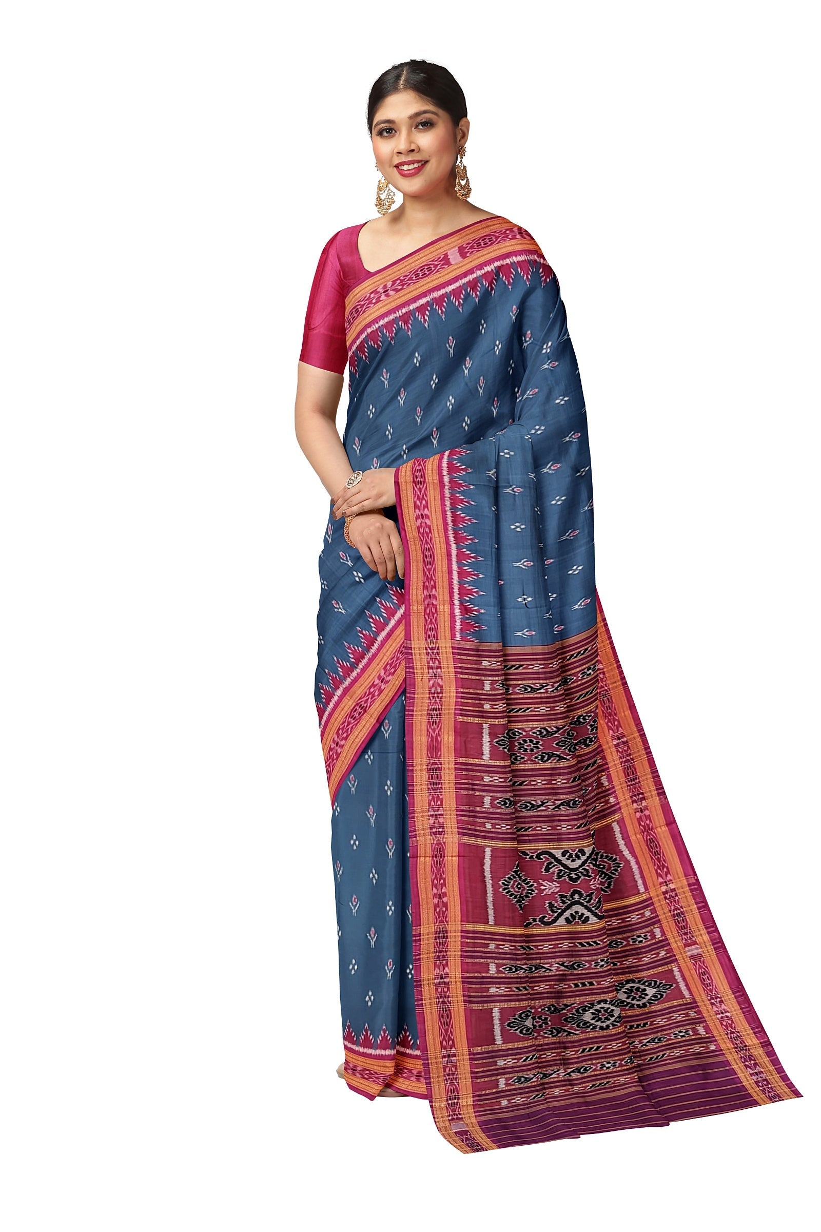 IndianVillèz Steel Blue Mayur Chandrika Odisha Ikat Khandua Silk Saree