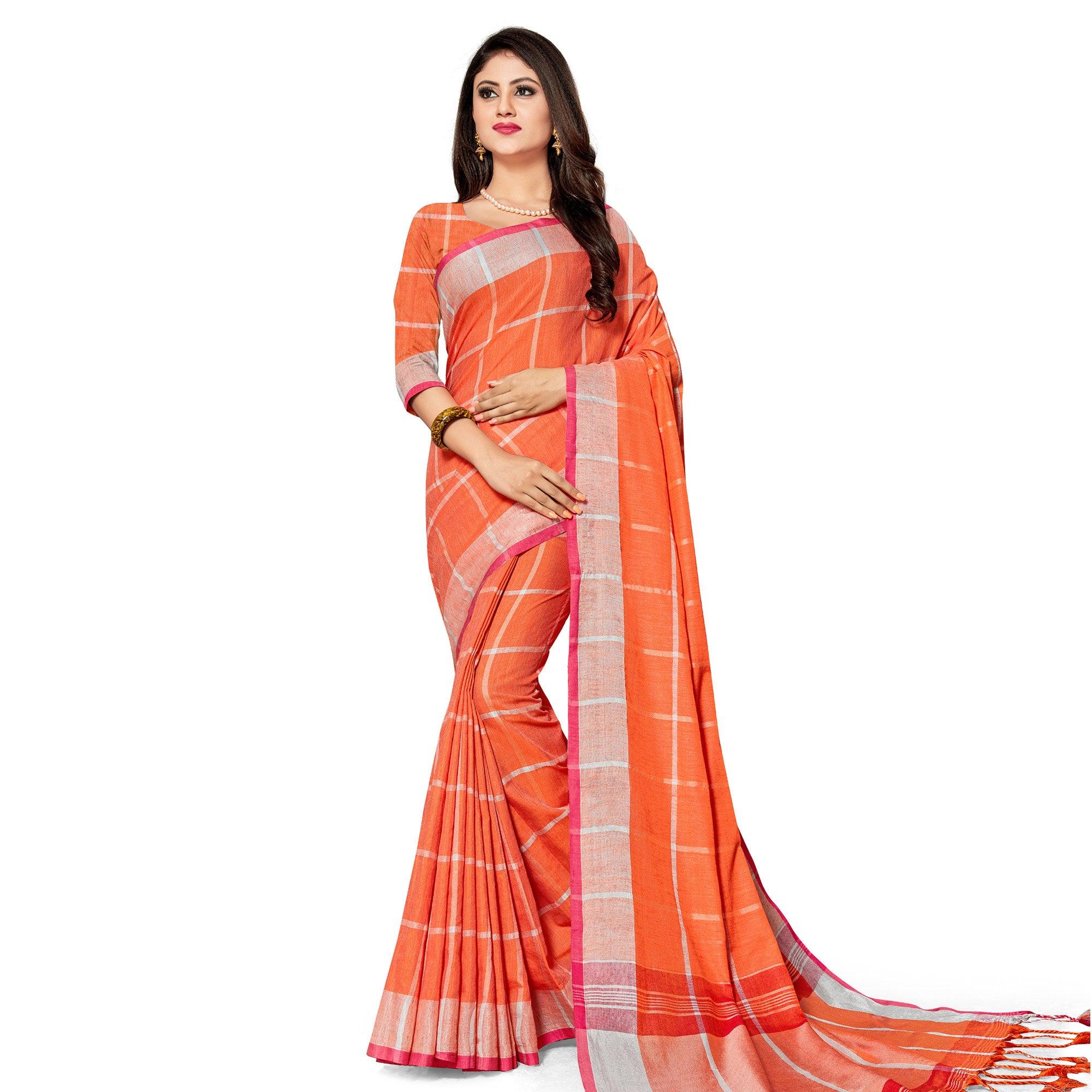 Peachmode Magnetic Orange Colored Fesive Wear Stripe Print Cotton Silk Saree With Tassels