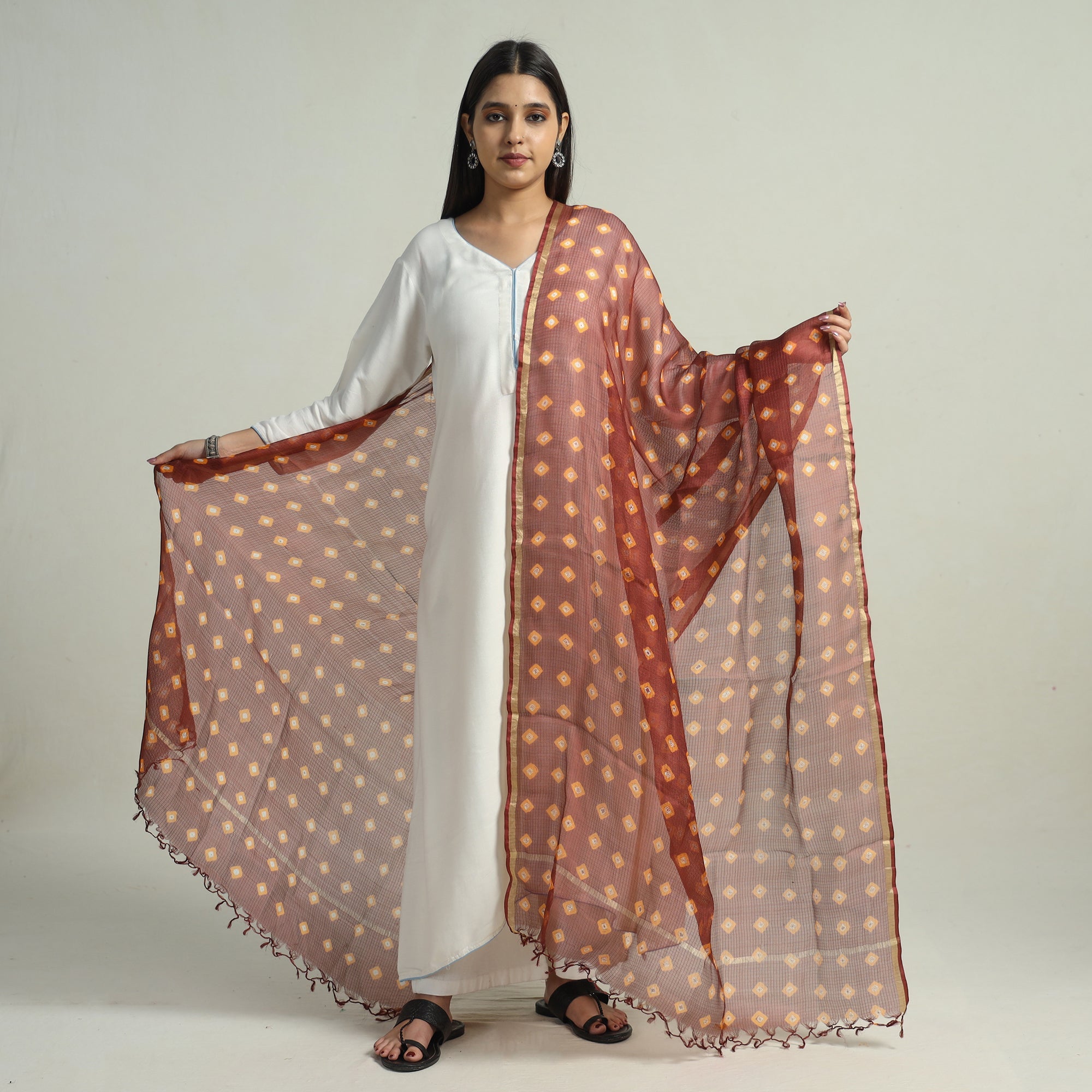 LEHARIYA BY BADSHAH MIYAN Brown - Kutch Bandhani Tie-Dye Kota Doria Silk Dupatta with Zari Border 59