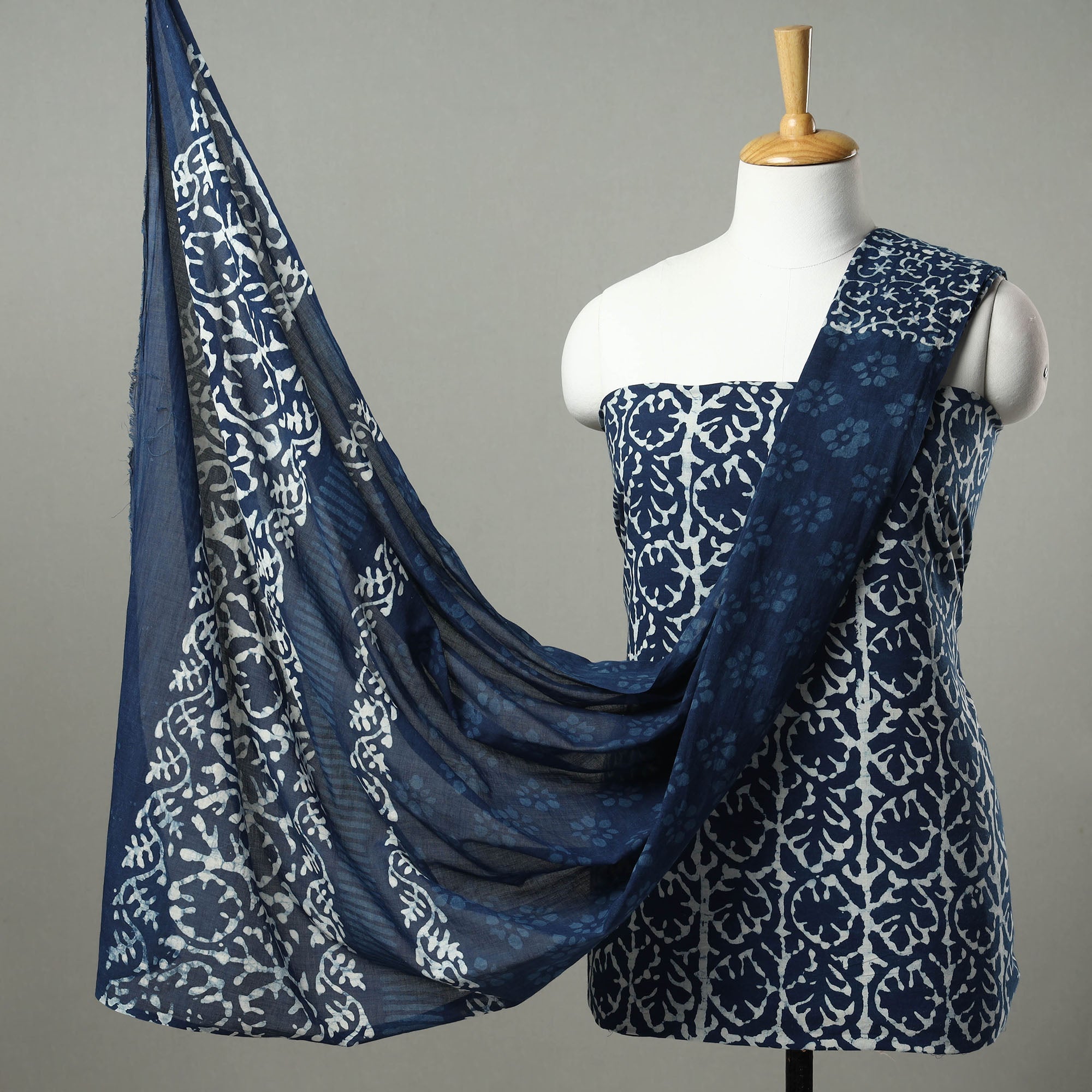 ARTISAN HAND BLOCK PRINTS Blue - 3pc Indigo Bagru Block Print Cotton Dress Material Set 01