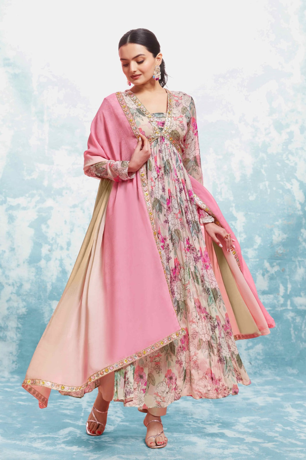 ClothsVilla Multi-Colored Georgette Suit Set with Printed & Embroidered Work
