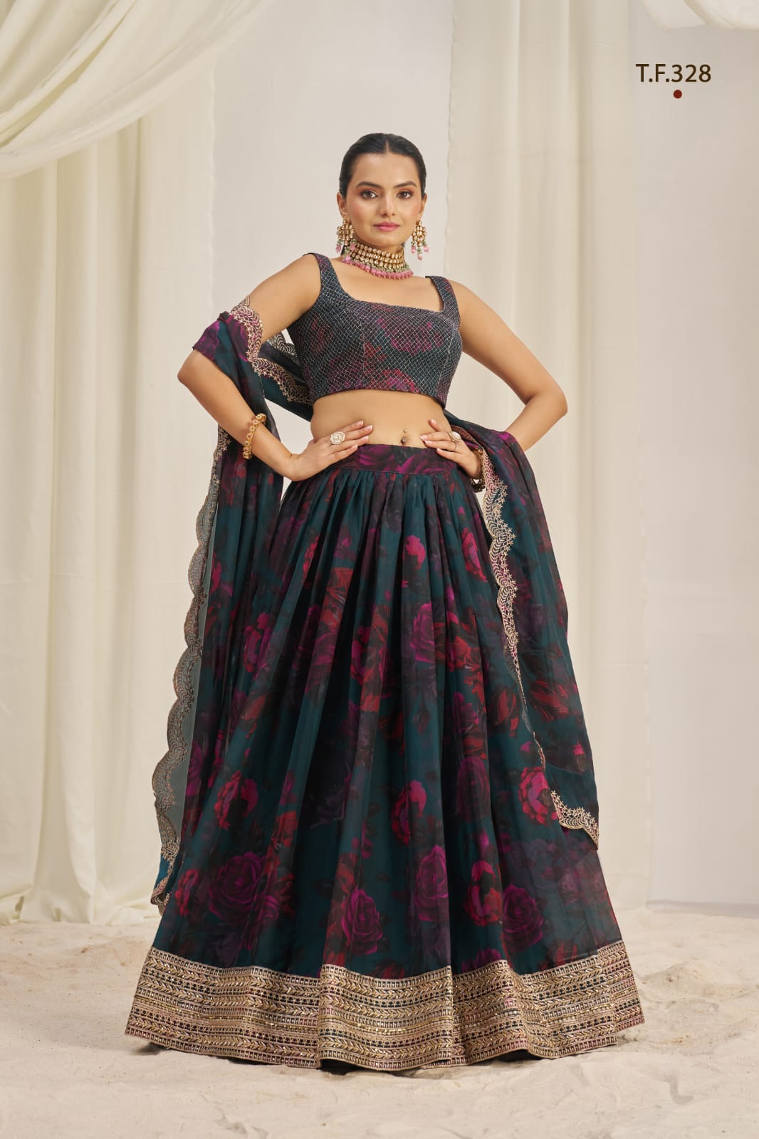 ClothsVilla Teal Printed Organza Semi-Stitch Lehenga Choli with Zari, Dori, and Sequins Work