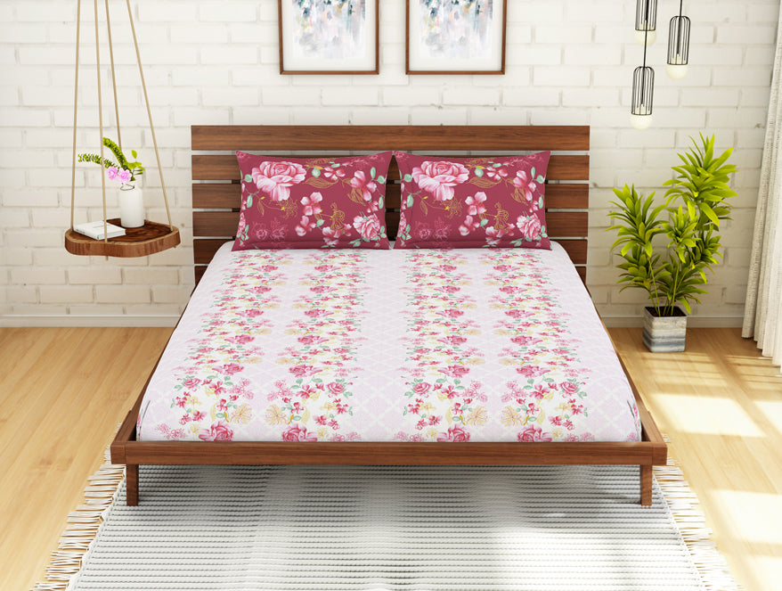 100 cotton king – Spaces India Floral Strawberry - Light Pink 100% Cotton King Fitted Sheet - Atrium Kitting By Spaces