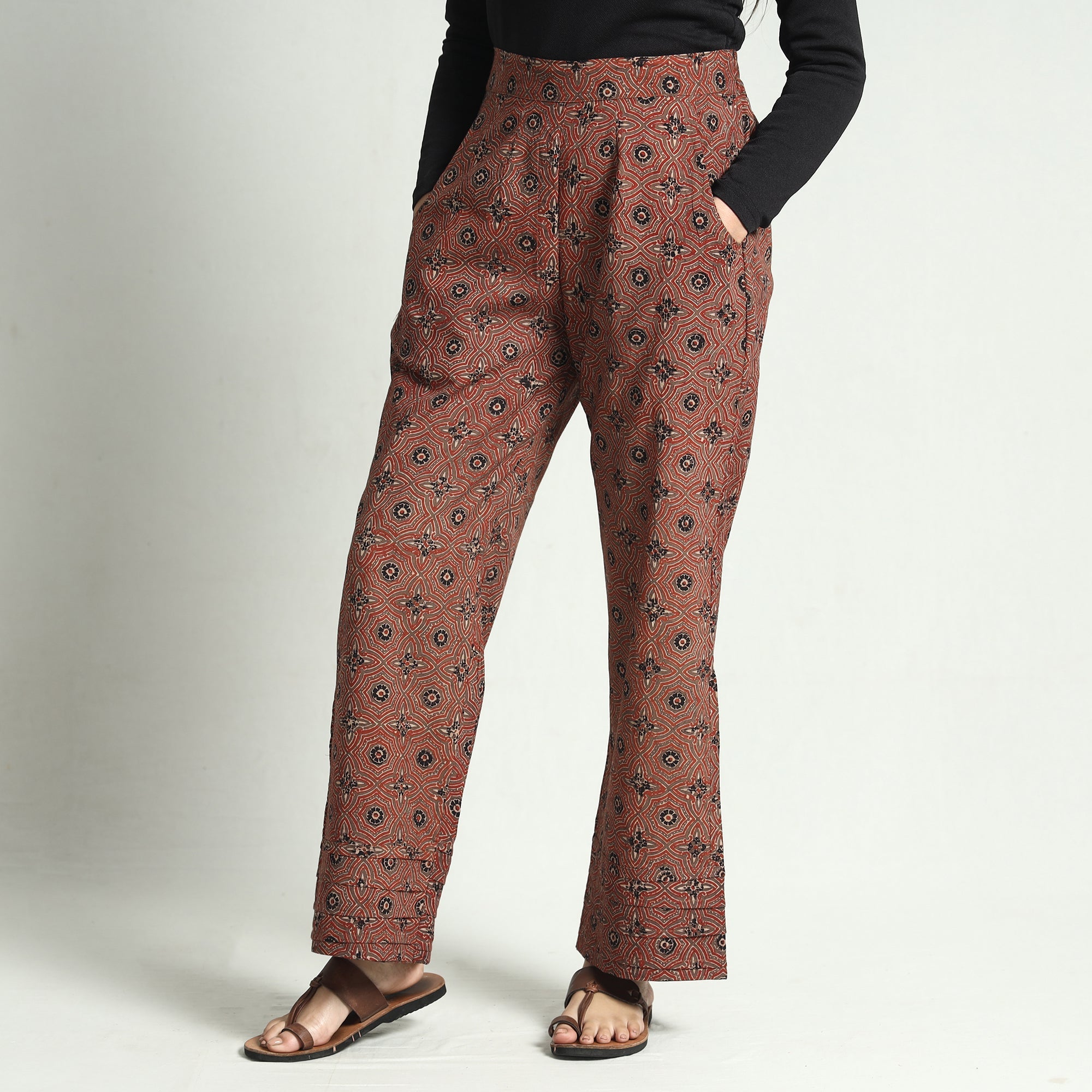 ITOKRI CASUALS Brown - Ajrakh Block Printed Cotton Elasticated Palazzo