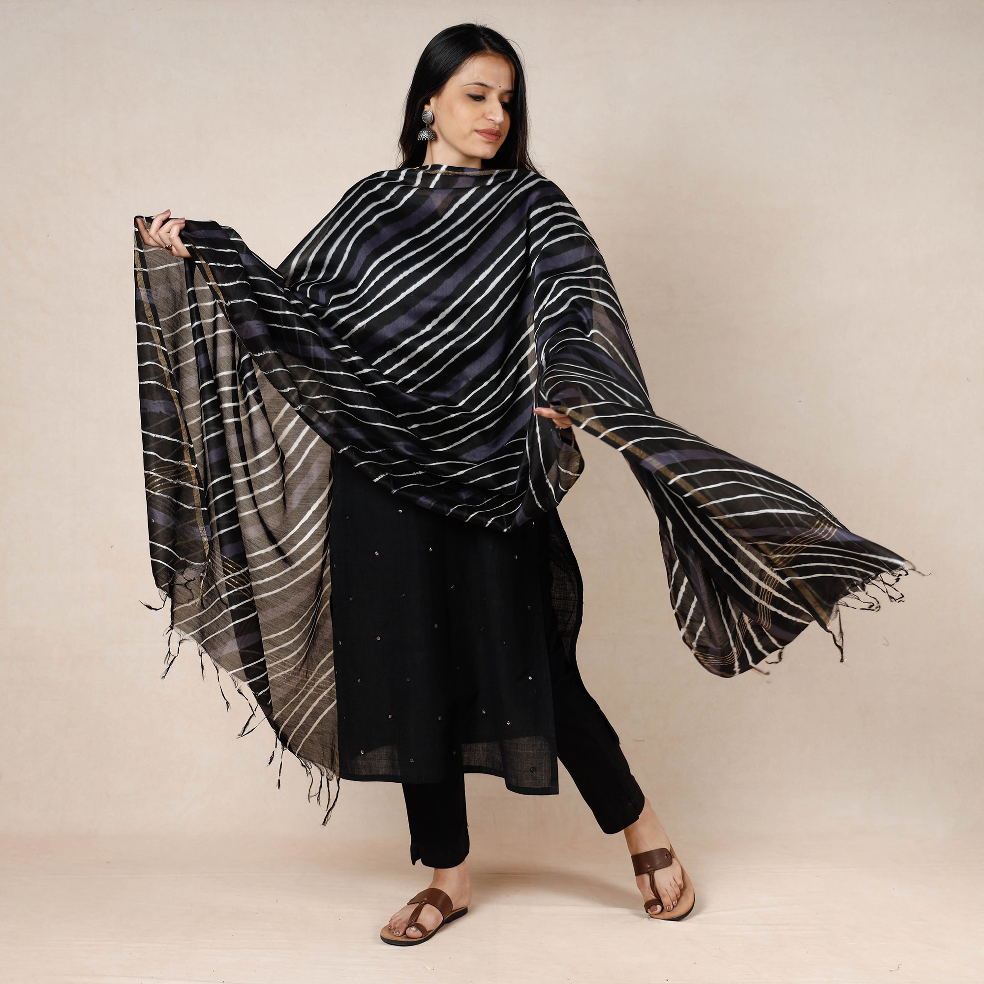 LEHARIYA BY BADSHAH MIYAN Black - Leheriya Tie-Dye Chanderi Silk Dupatta with Tassels