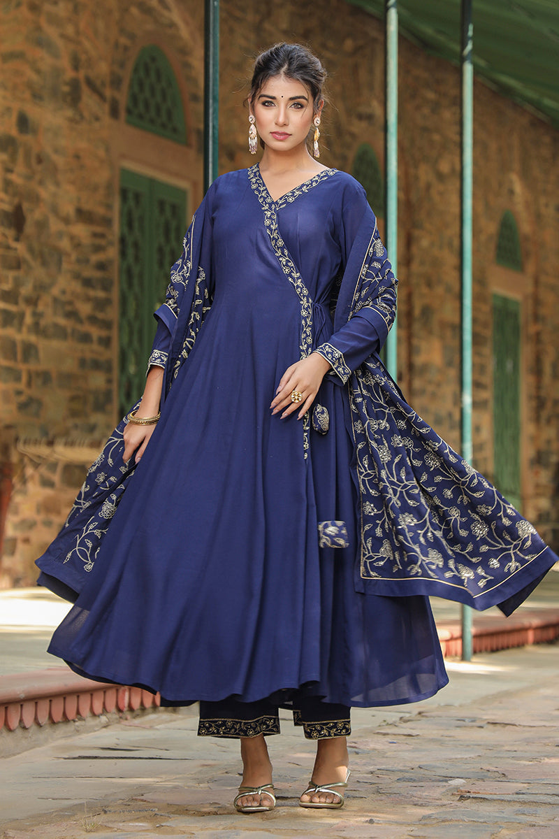 Ahika Prussian Blue Poly Georgette Angrakha Pant With Dupatta PKSKD1910 - view 2