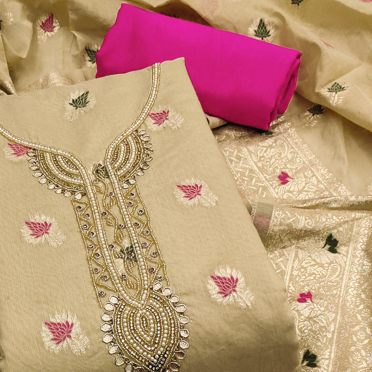 Peachmode Chikoo Woven With Handwork Muslin Dress Material - view 2