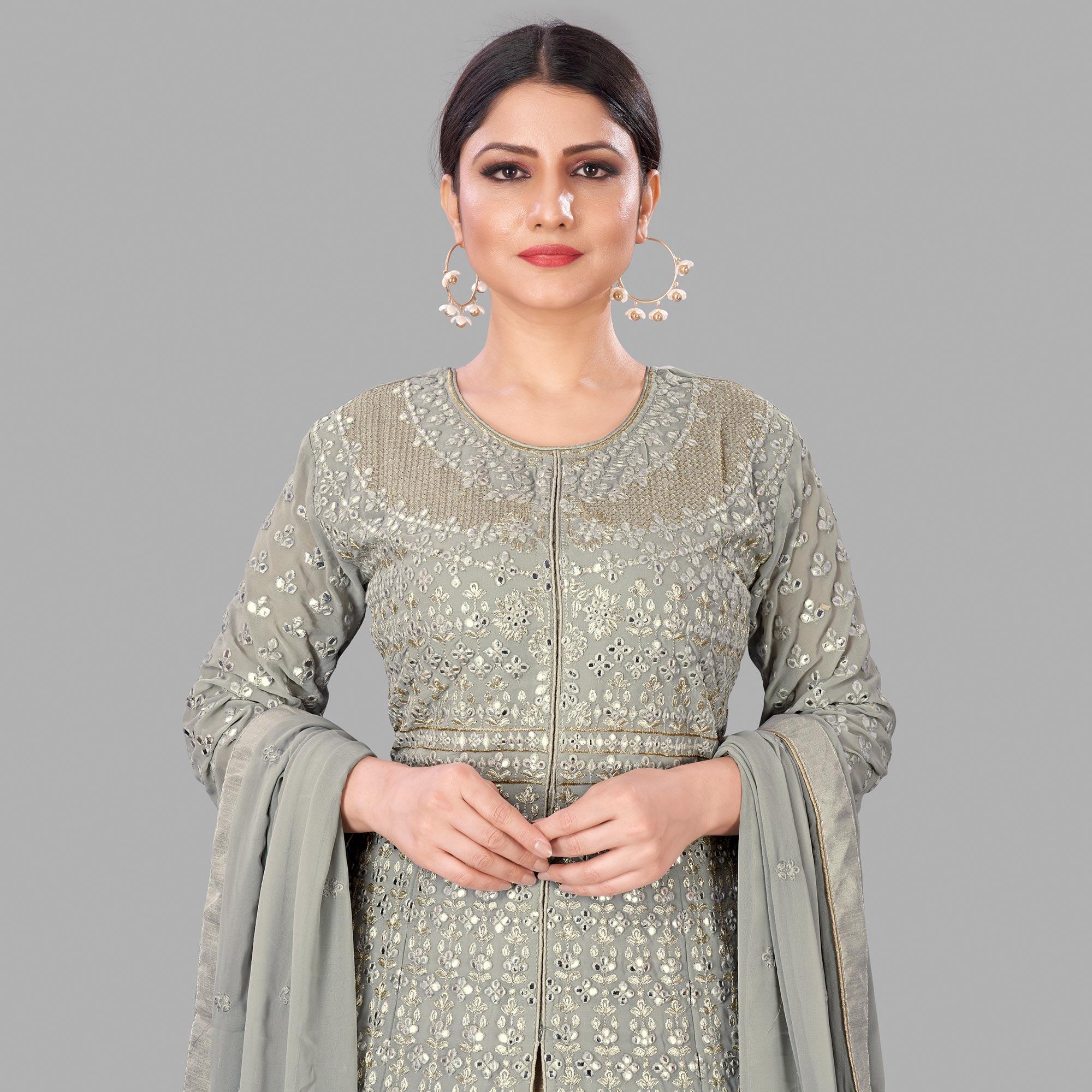 Peachmode Seller Grey Partywear Embroidered Heavy Faux Georgette A line Anarkali suit - view 2