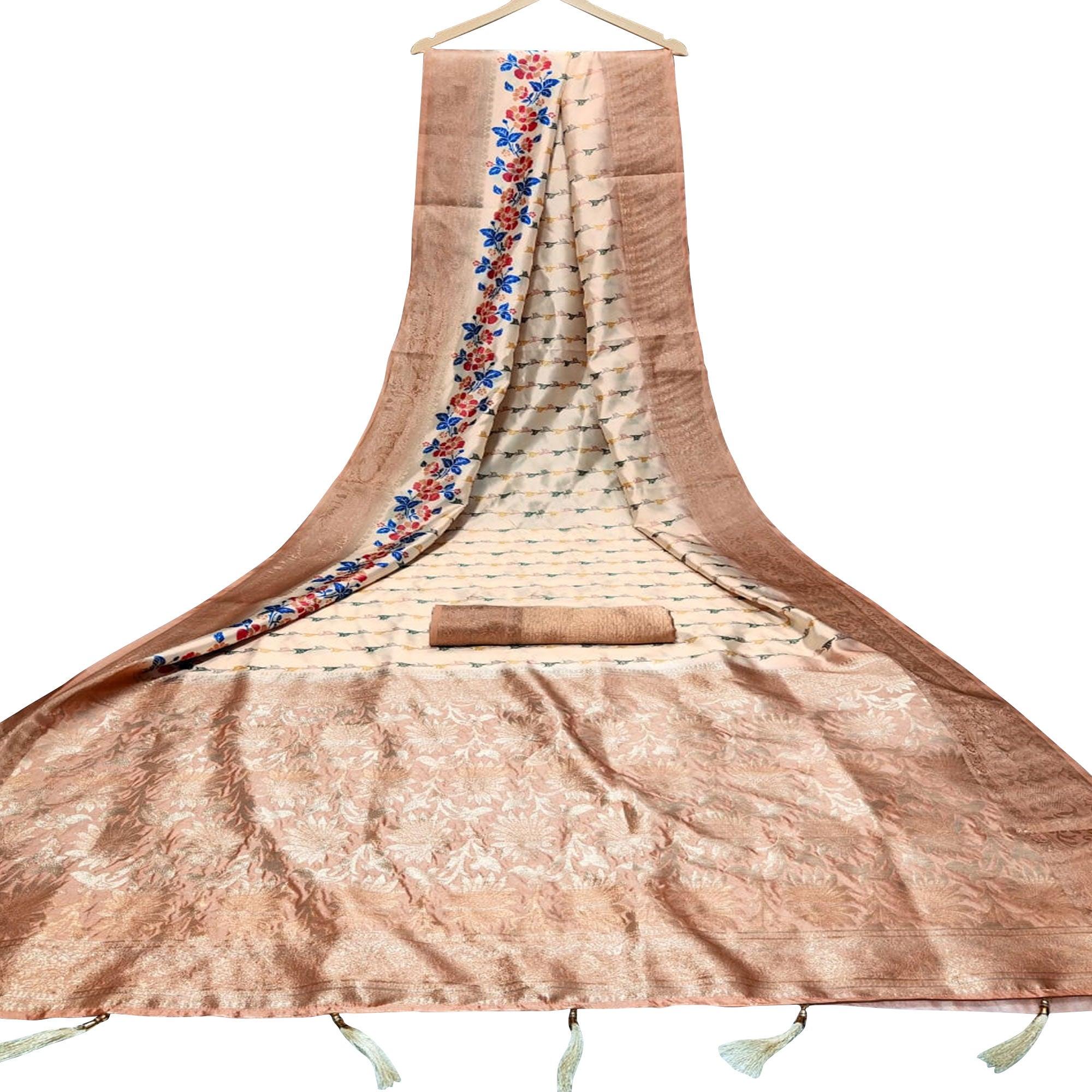 Peachmode Intricate Beige Colored Festive Wear Digital Printed Silk Saree