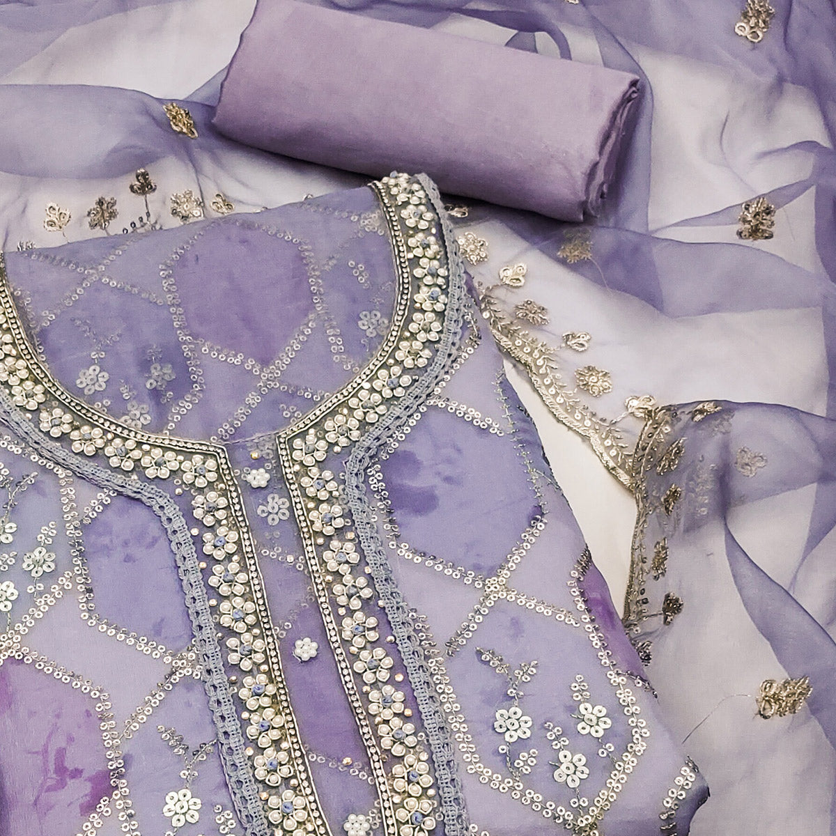 Peachmode Lavender Sequins Embroidered With Handwork Organza Dress Material - view 2