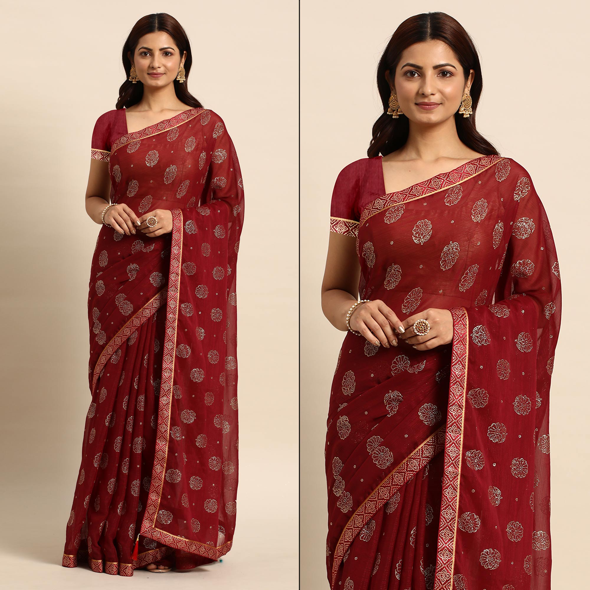Peachmode Maroon Foil Printed With Embellished Chiffon Saree