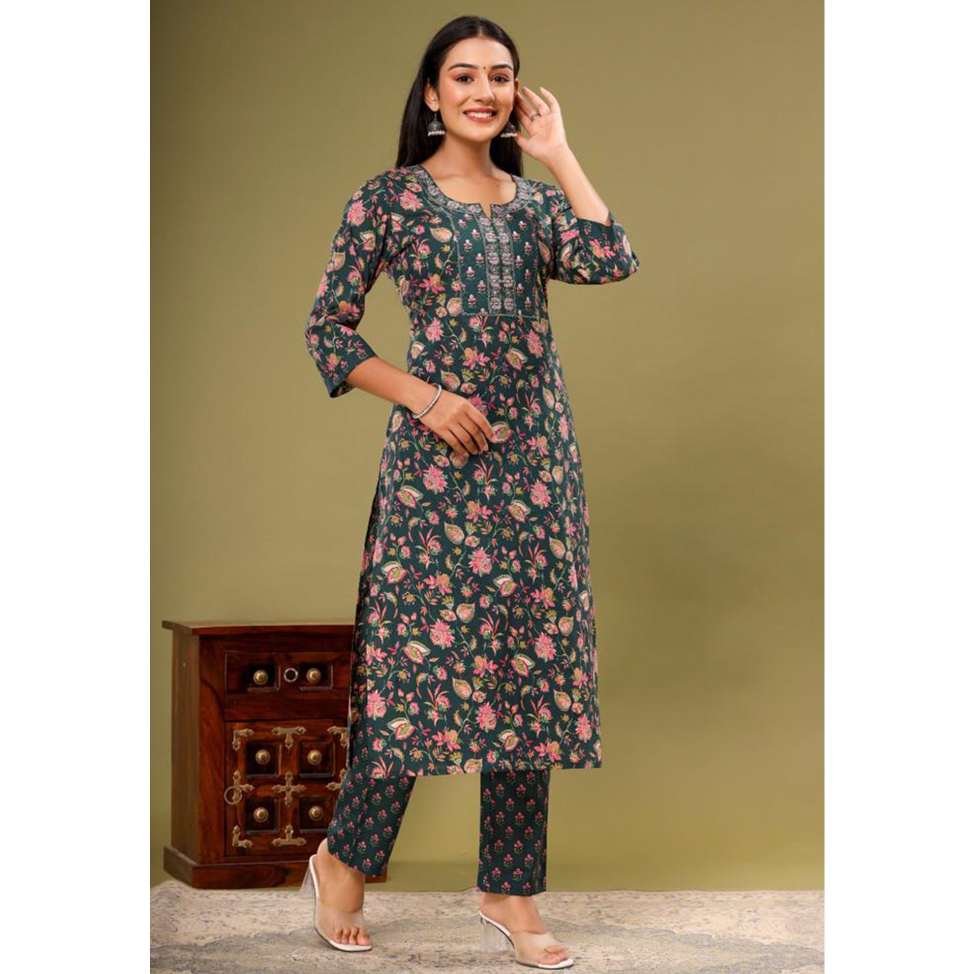 BlackTree green-floral-printed-pure-cotton-suit-2 - view 5