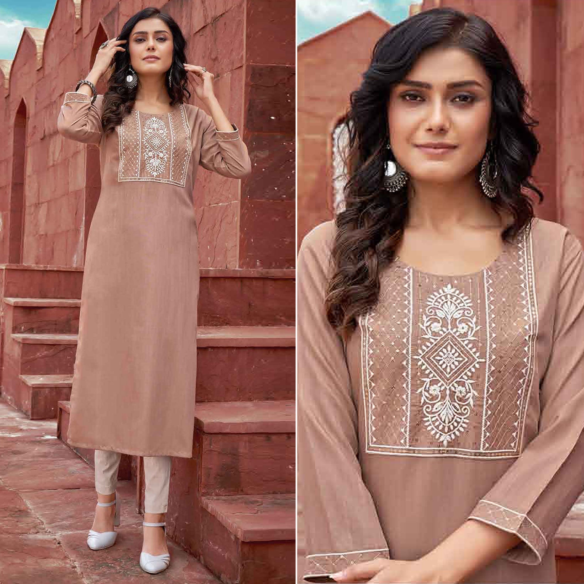 Peachmode Brown Floral Embroidered Rayon Kurti