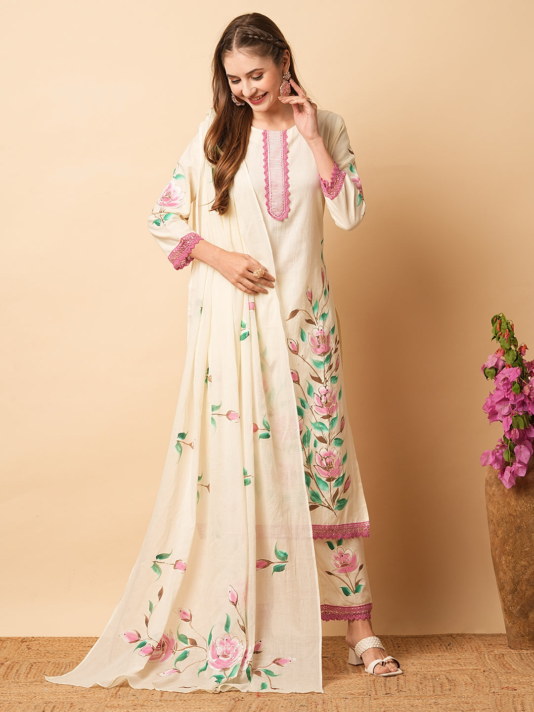 Fashor Floral Foil Hand Painted Straight Kurta with Pant & Pure Cotton Dupatta - Off White