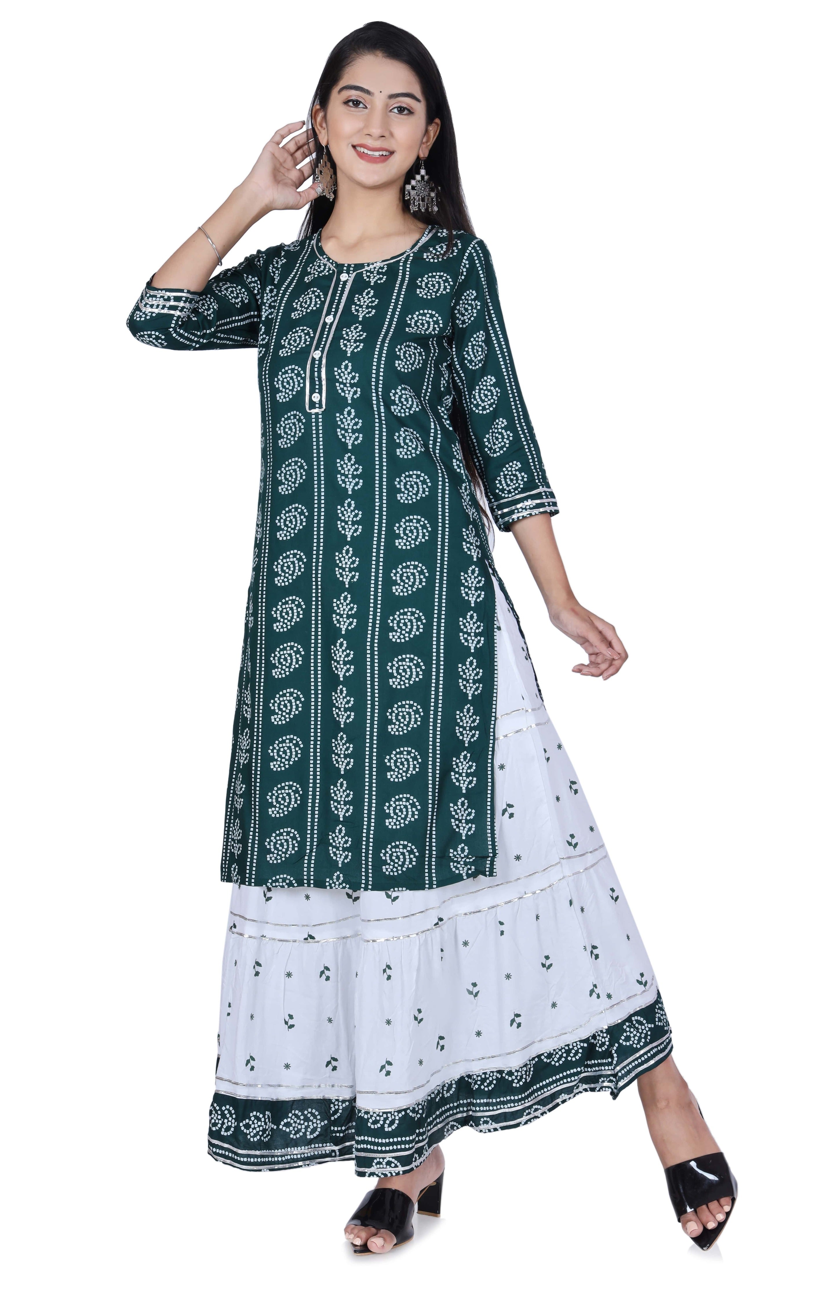 Fab Alchemy Green Printed Cotton Kurta and Skirt Set - view 3