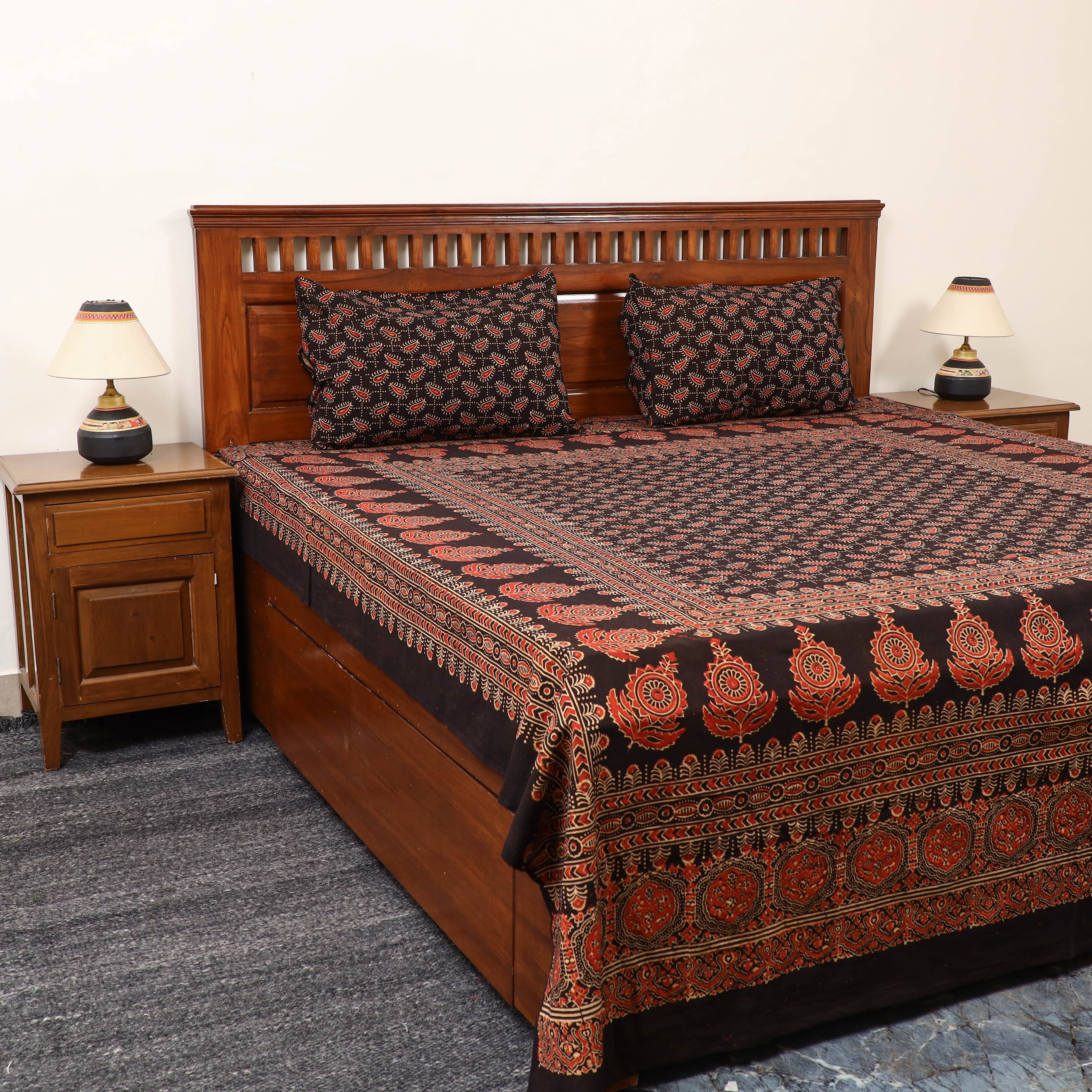 KACHCHH JI CHHAAP Black - Block Print Cotton Double Ajrakh Bed Sheet Set 01