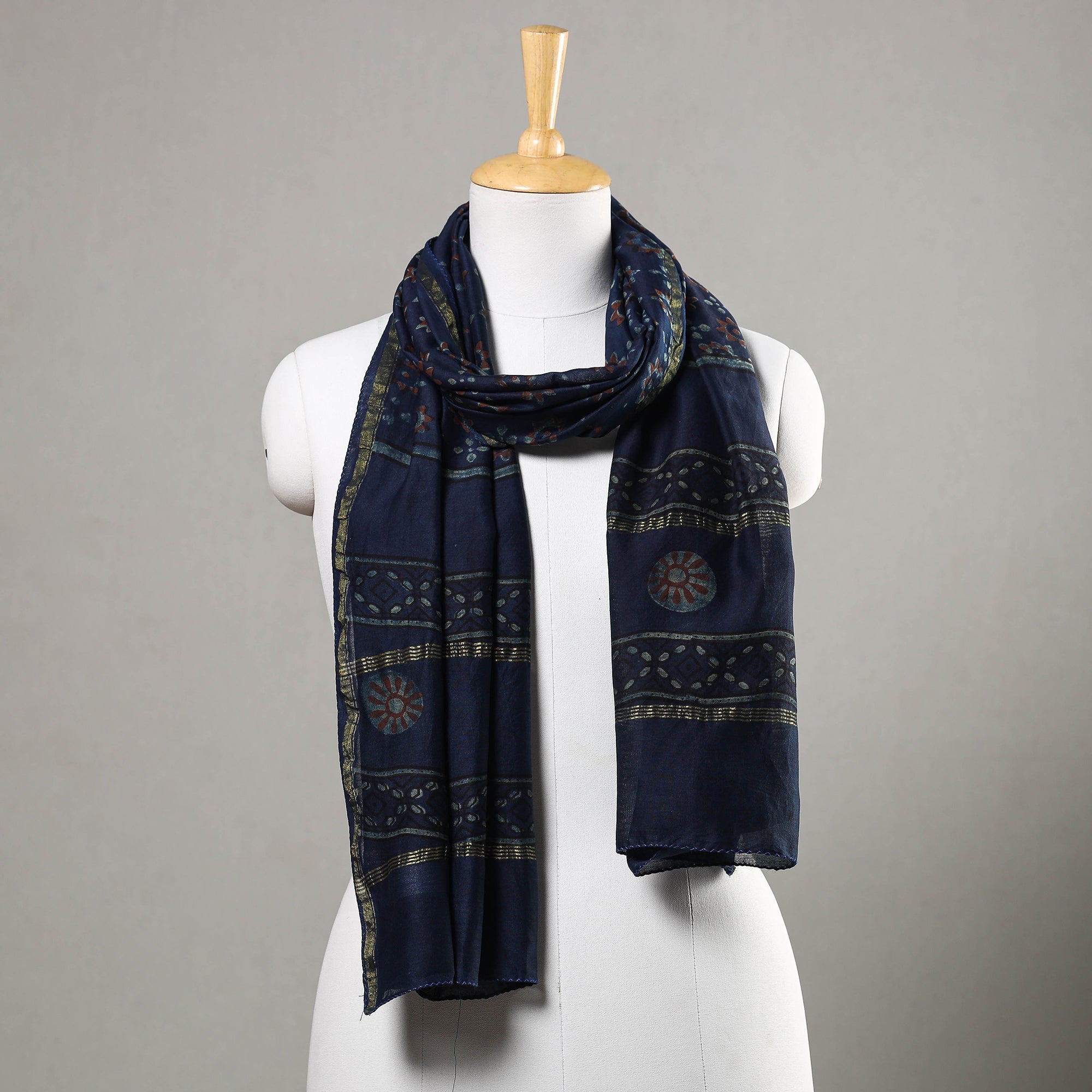 HAVELI CHRONICLES Blue - Akola Block Printed Chanderi Silk Handloom Stole with Zari Border