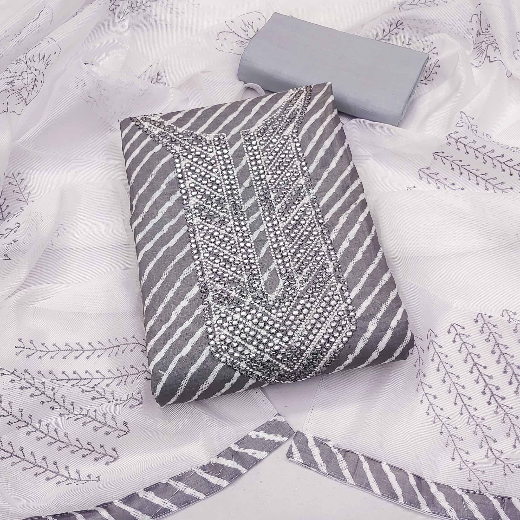 Peachmode Grey Printed-Mirror Work Pure Cotton Dress Material