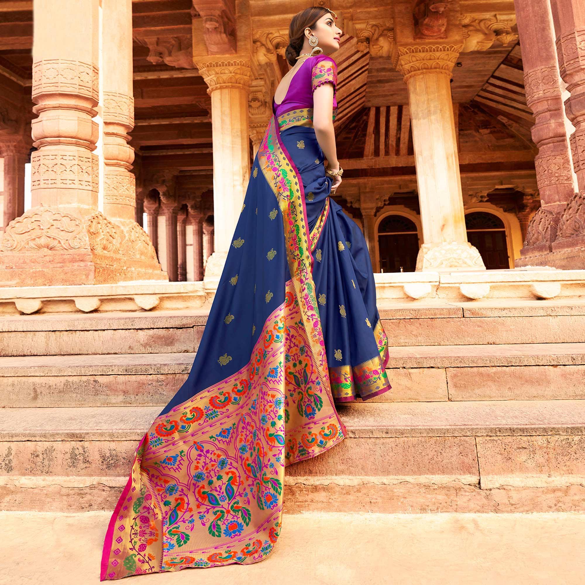 Peachmode Majesty Navy Blue Colored Festive Wear Woven Paithani Silk Saree - view 3