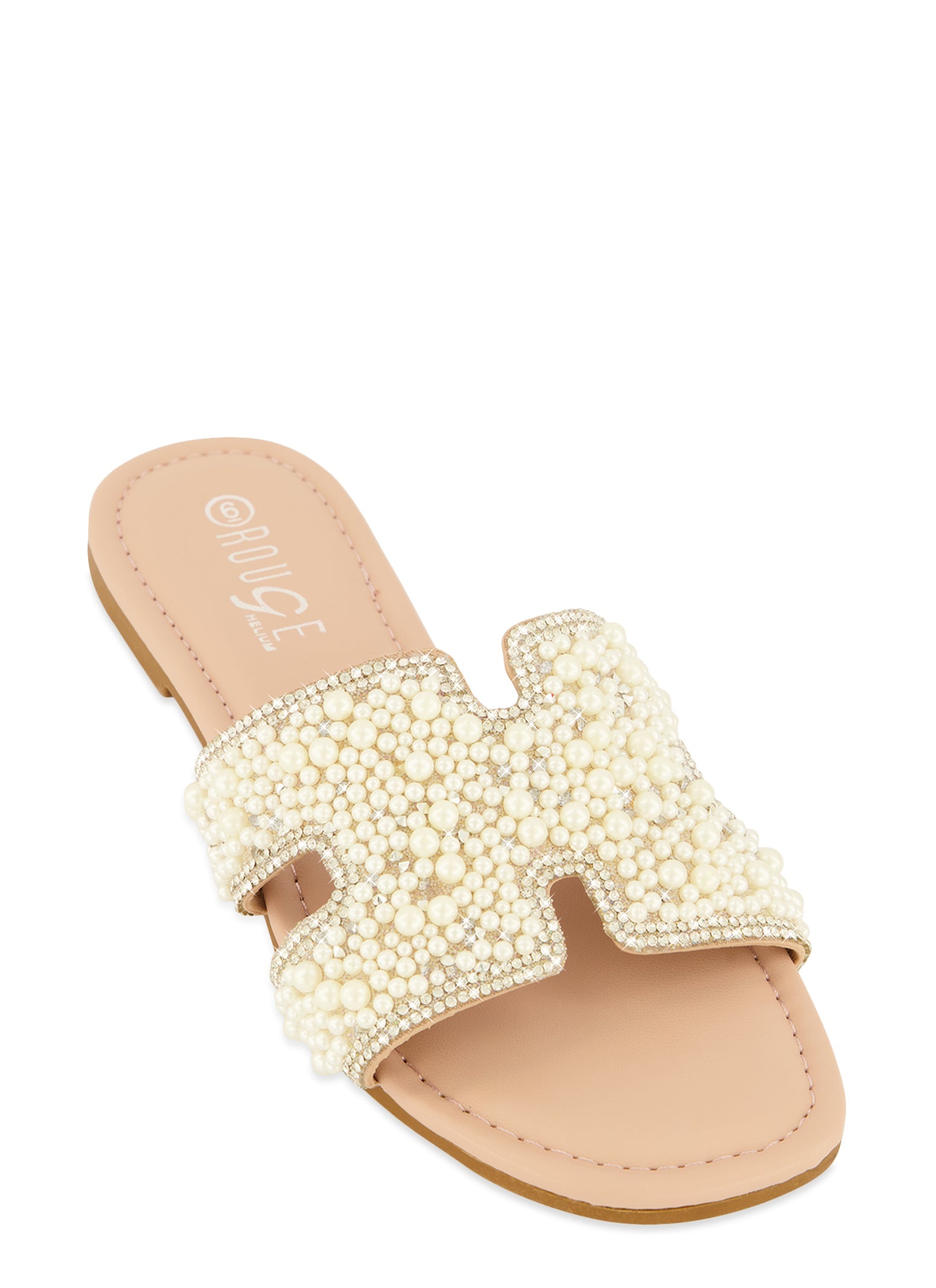 Rainbow Shops Faux Pearl Rhinestone H Band Slide Sandals
