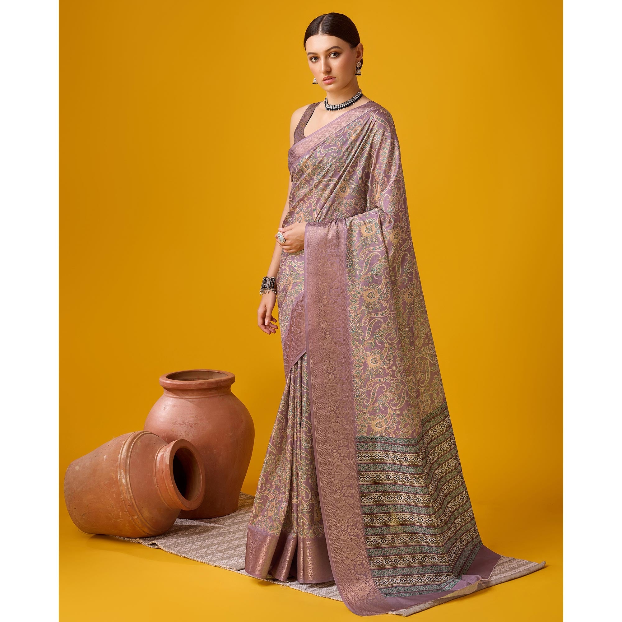Peachmode Mauve Digital Printed Cotton Silk Saree With Border - view 4
