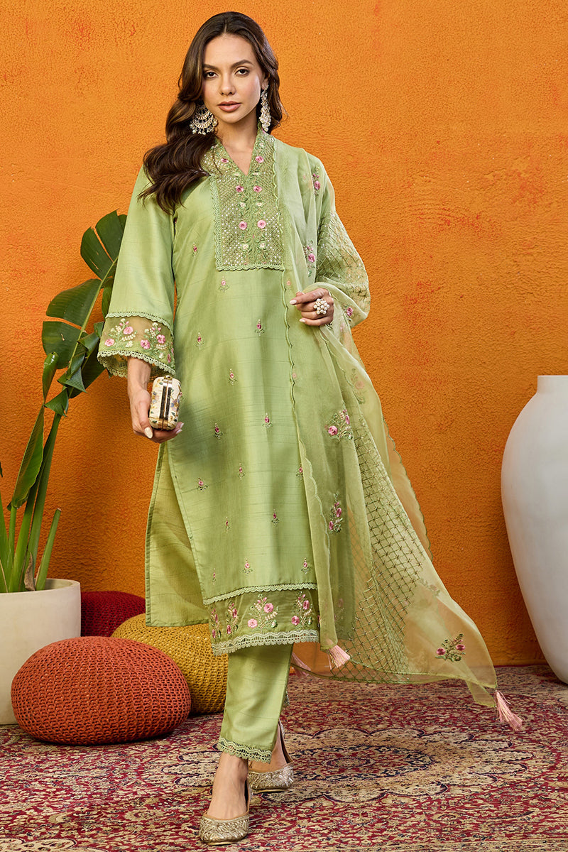 Ahika Green Silk Blend Solid Embroidered Straight Suit Set PKSKD2428