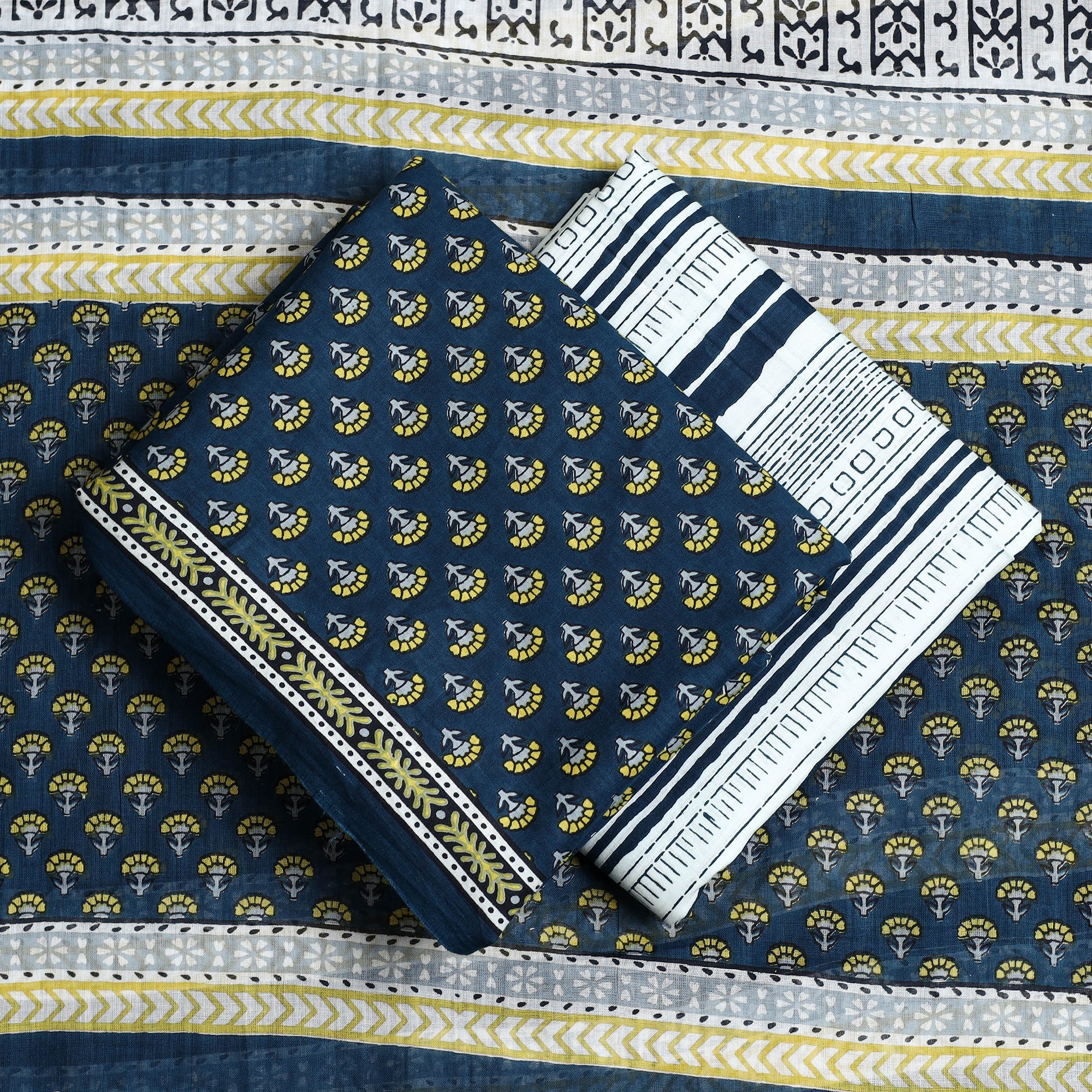 ARTISAN HAND BLOCK PRINTS Blue - 3pc Sanganeri Block Print Cotton Dress Material 02 - view 2