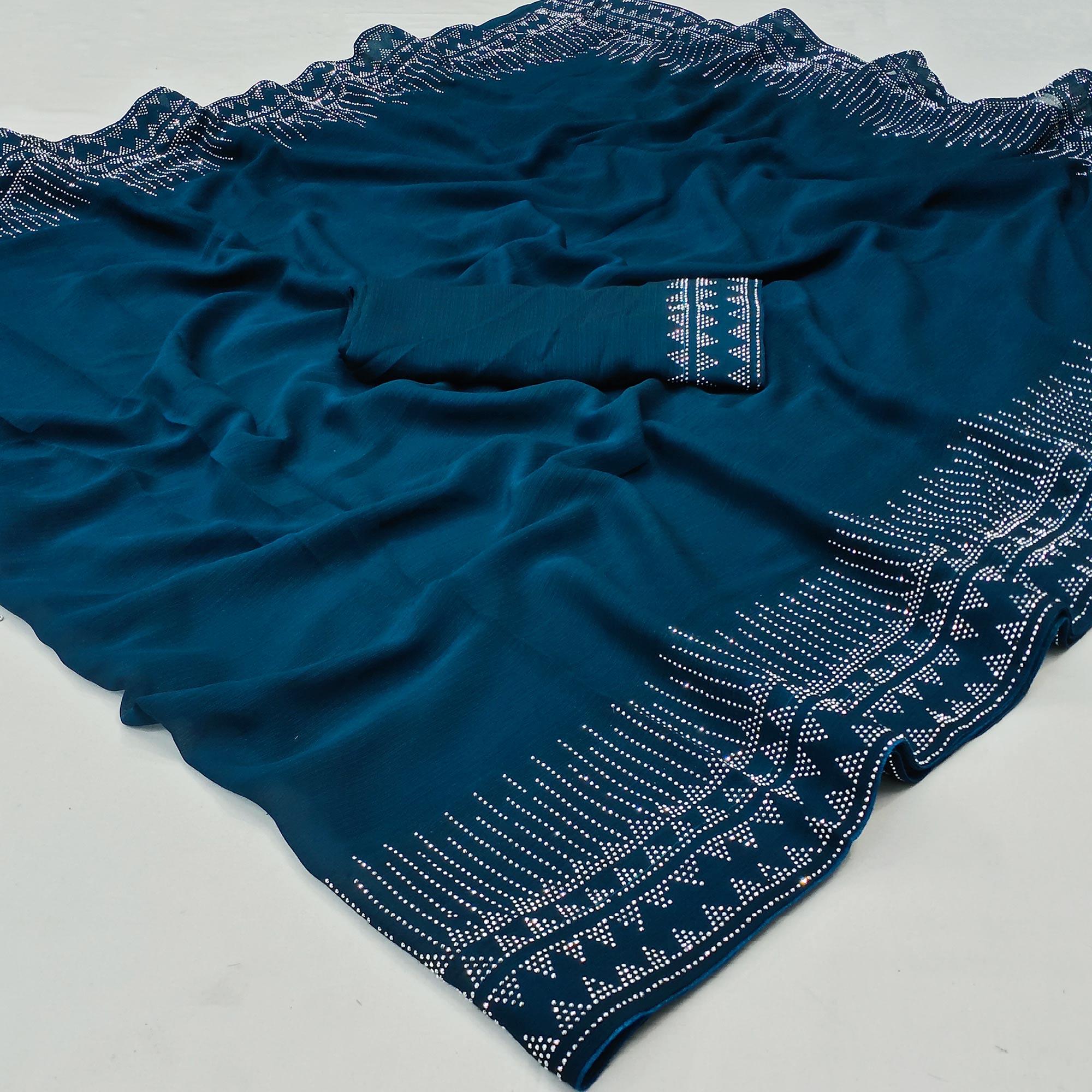 Peachmode Blue Solid With Sequins Work Chiffon Saree