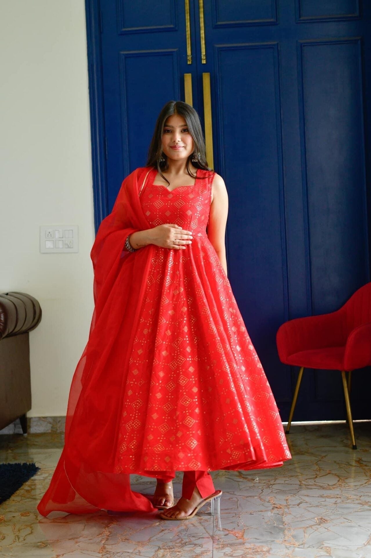 Idaho-o red embroidered silk suit set - view 2