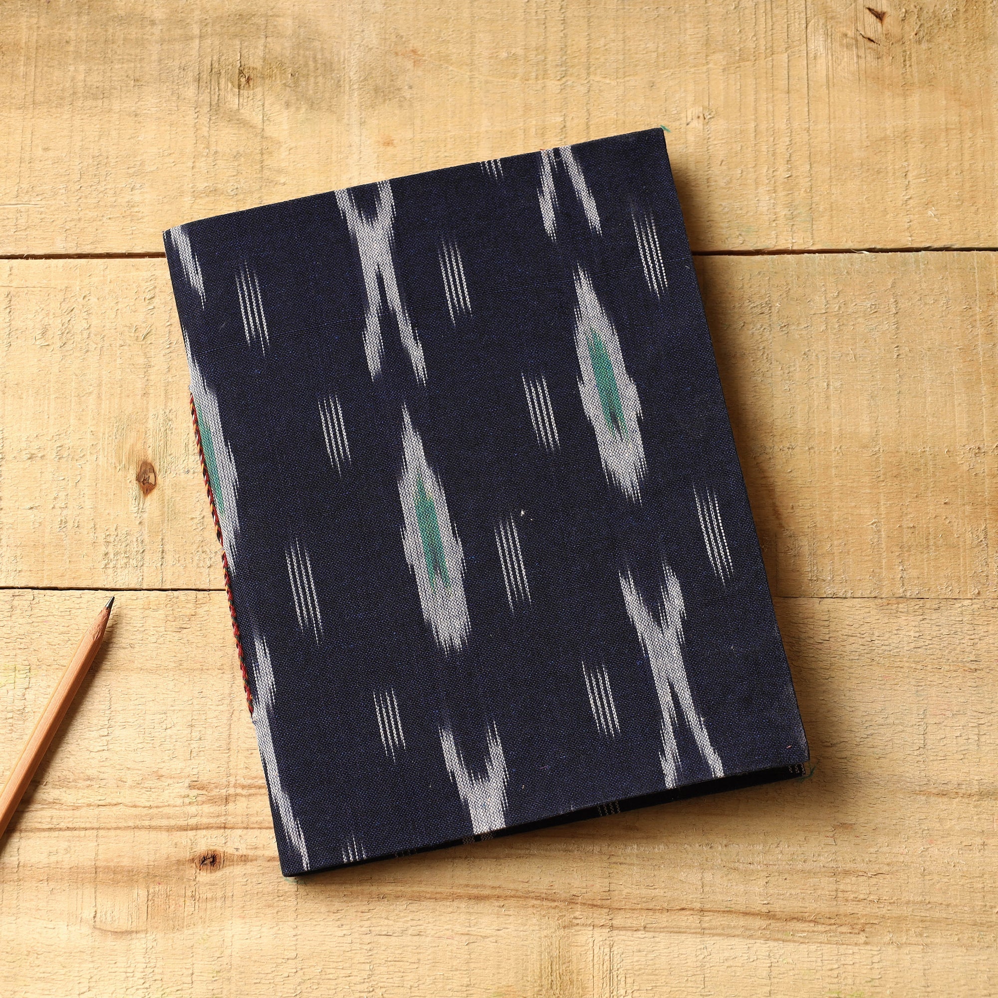 CHUTNEY CRAFT STUDIO Black - Ikat Fabric Cover Handmade Paper Notebook (9 x 7 in)