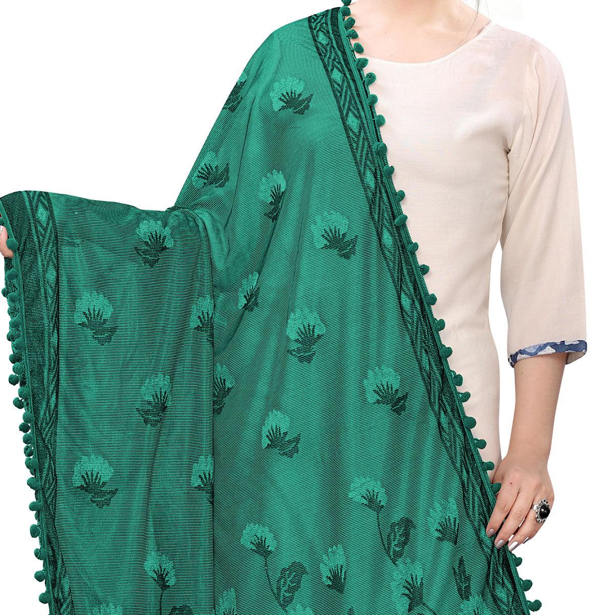 Peachmode Seller Glorious Green Colored Floral Jacqaurd Pattern With Lace Soft Lycra Women Dupatta - view 2