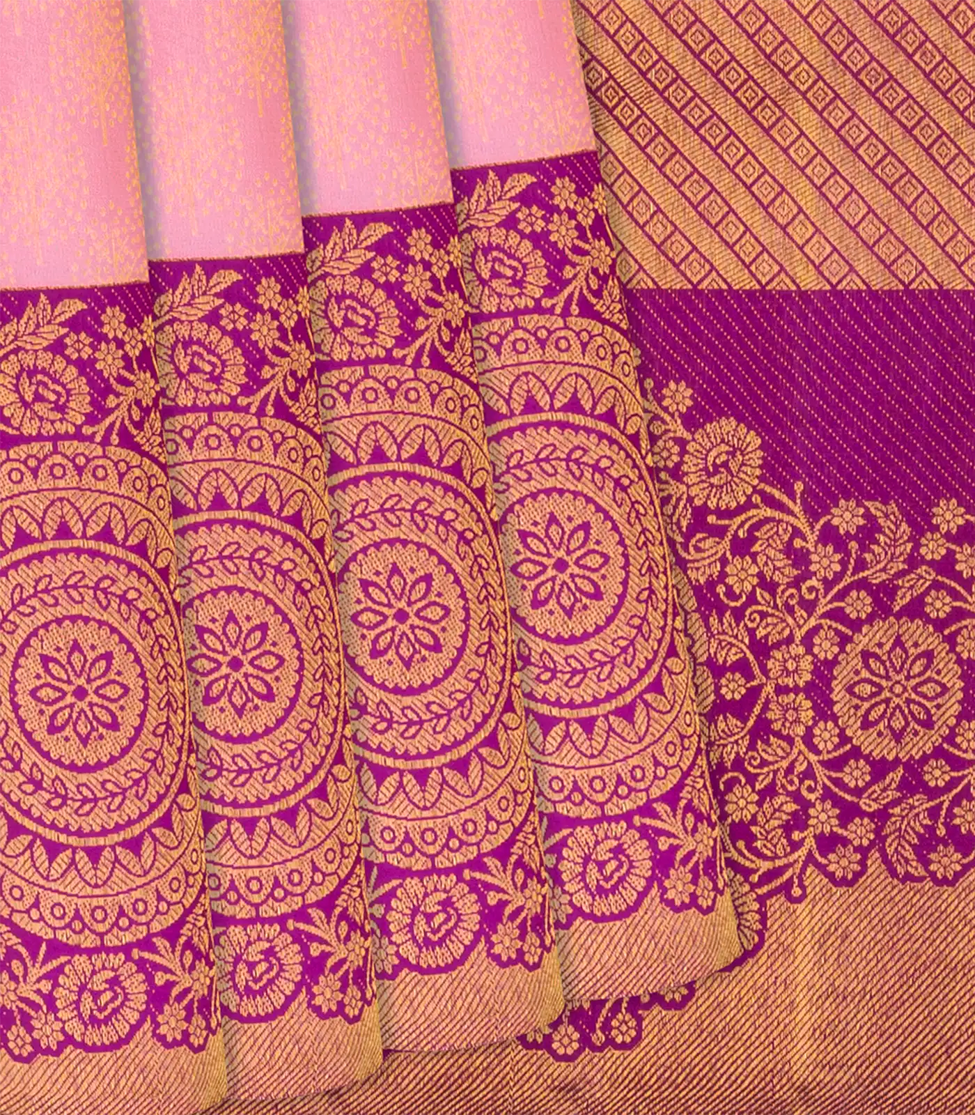 RmKV Baby Pink Handloom Kanchipuram Silk Saree With Leaf Motifs-Baby Pink
