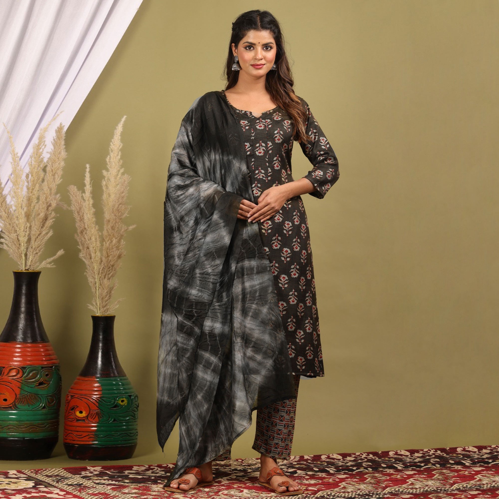 Peachmode Seller Brown Floral Foil Printed Rayon Suit - view 2