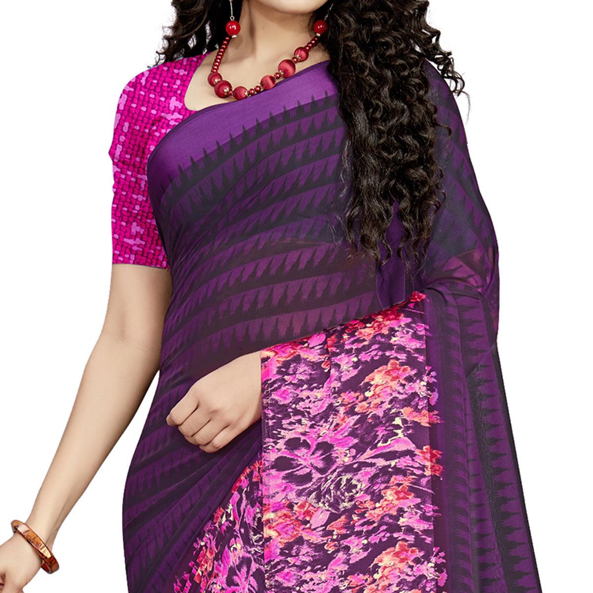 Peachmode Desirable Dark Purple Colored Casual Wear Printed Georgette Saree - view 2
