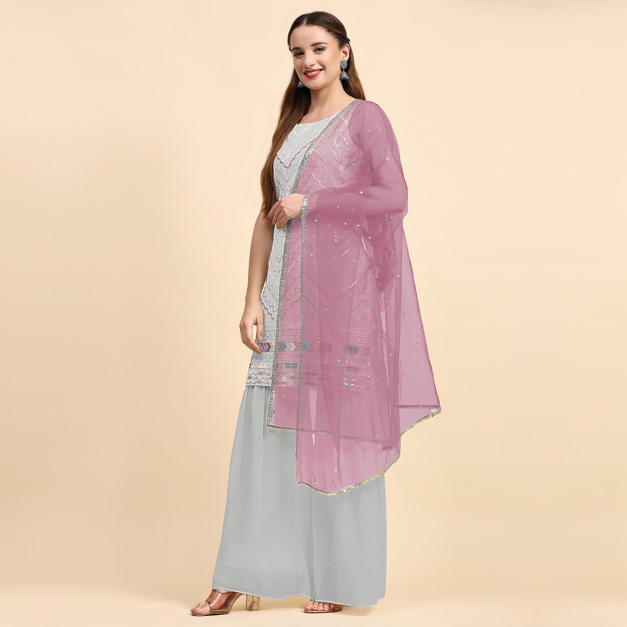 Peachmode Grey Sequins Embroidered Georgette Semi Stitched Suit - view 2