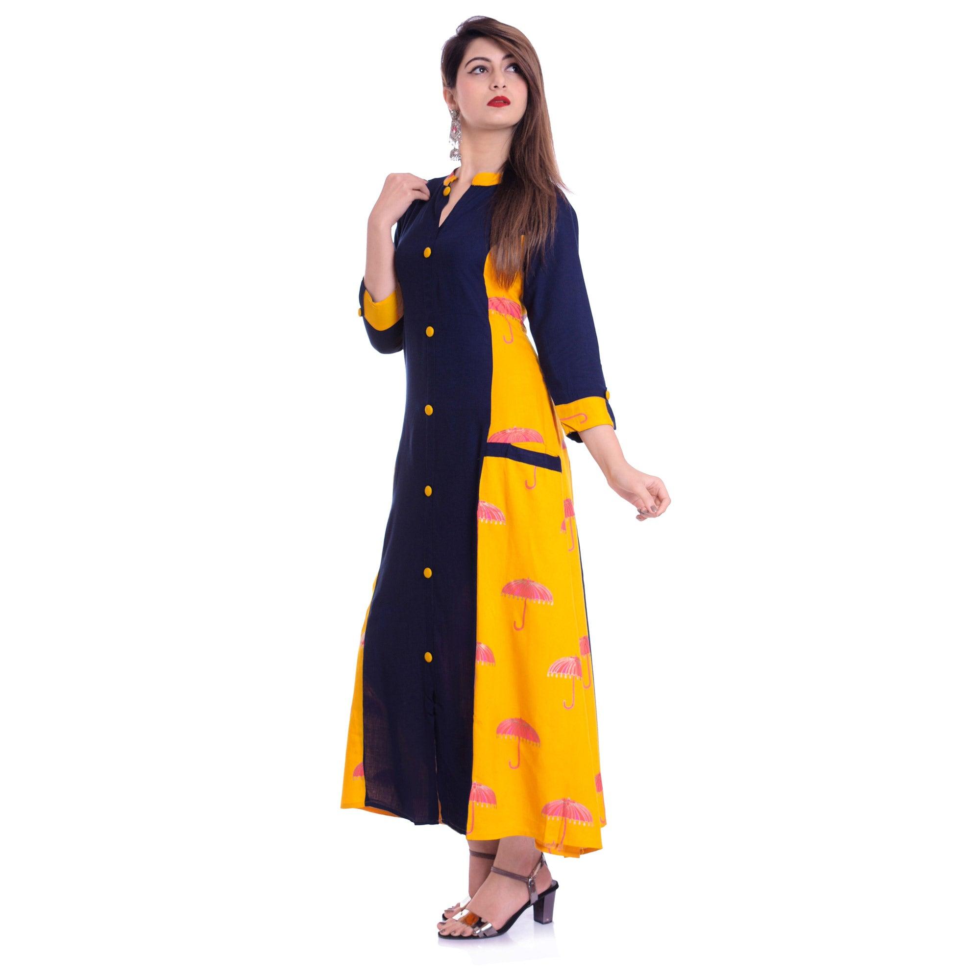 Peachmode Charming Navy Blue-Yellow Colored Casual Wear Printed Rayon Kurti - view 2