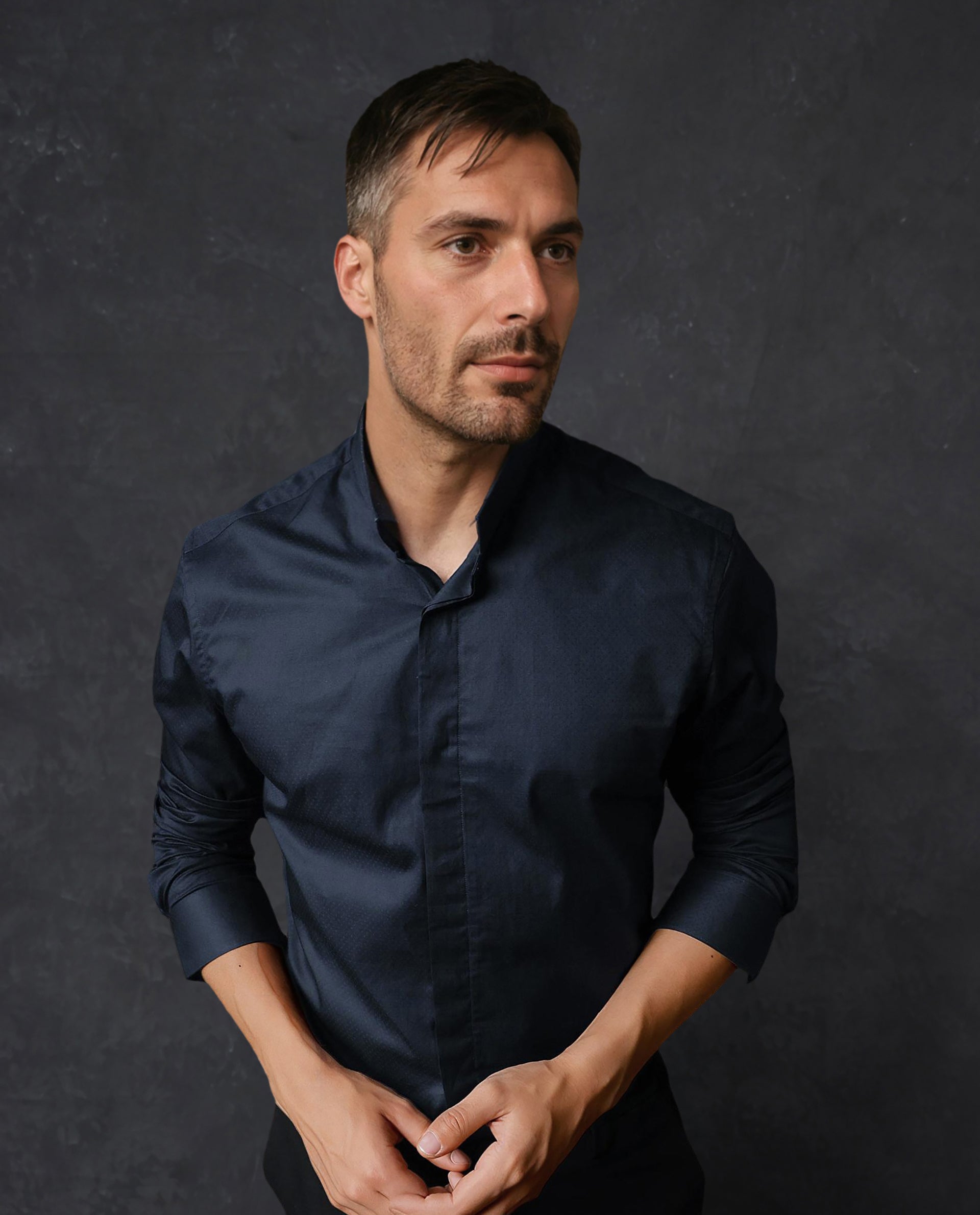 Rare Rabbit Men's Radon Navy Cotton Fabric Mandarin Collar Full Sleeves Solid Shirt - view 8