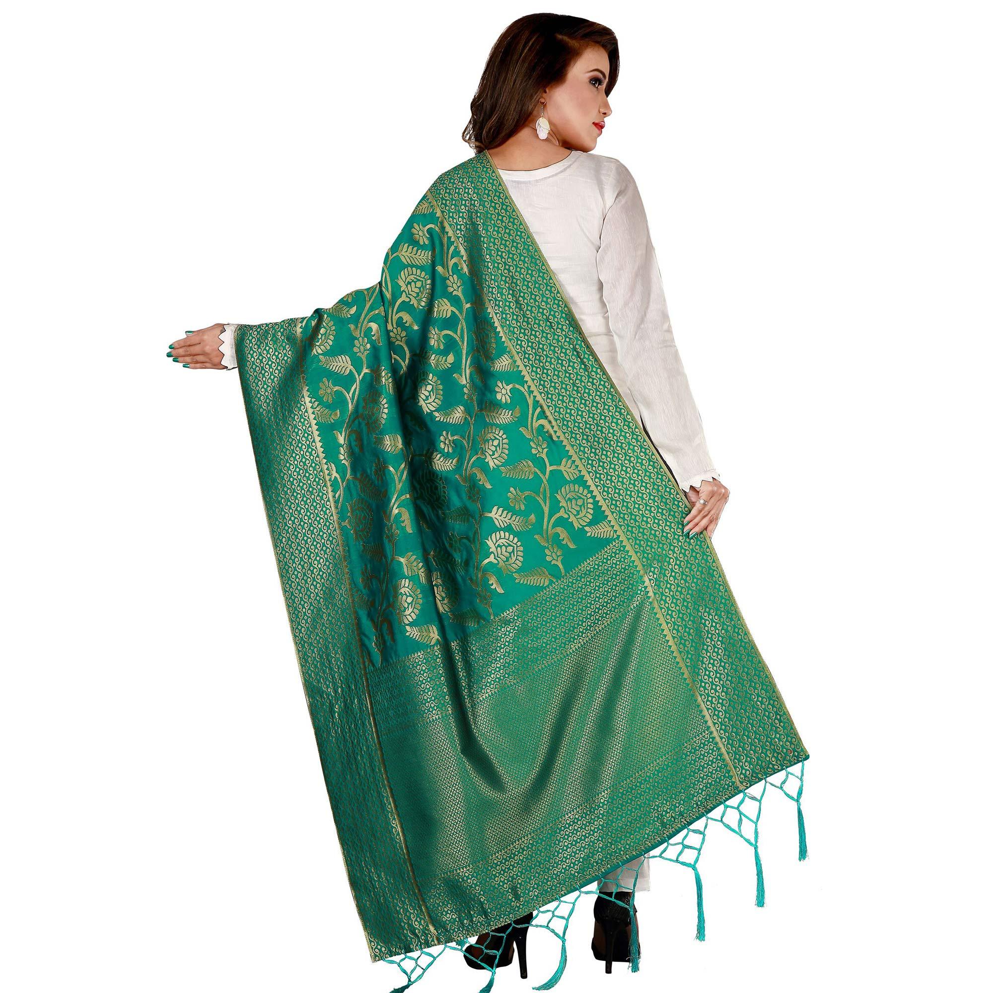Peachmode Seller Engrossing Green Colored Festive Wear Banarasi Silk Dupatta - view 4