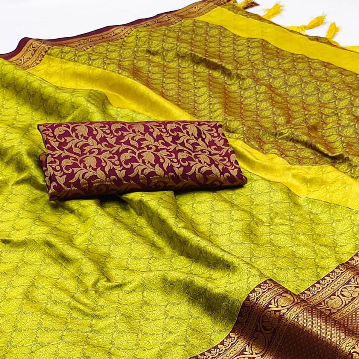 Peachmode Lemon Green Printed And Woven Cotton Silk Saree With Tassels - view 2