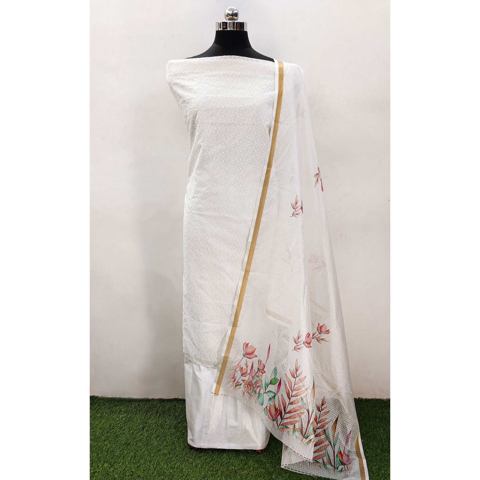 Peachmode White Embroidered Kota Doria Dress Material - view 3