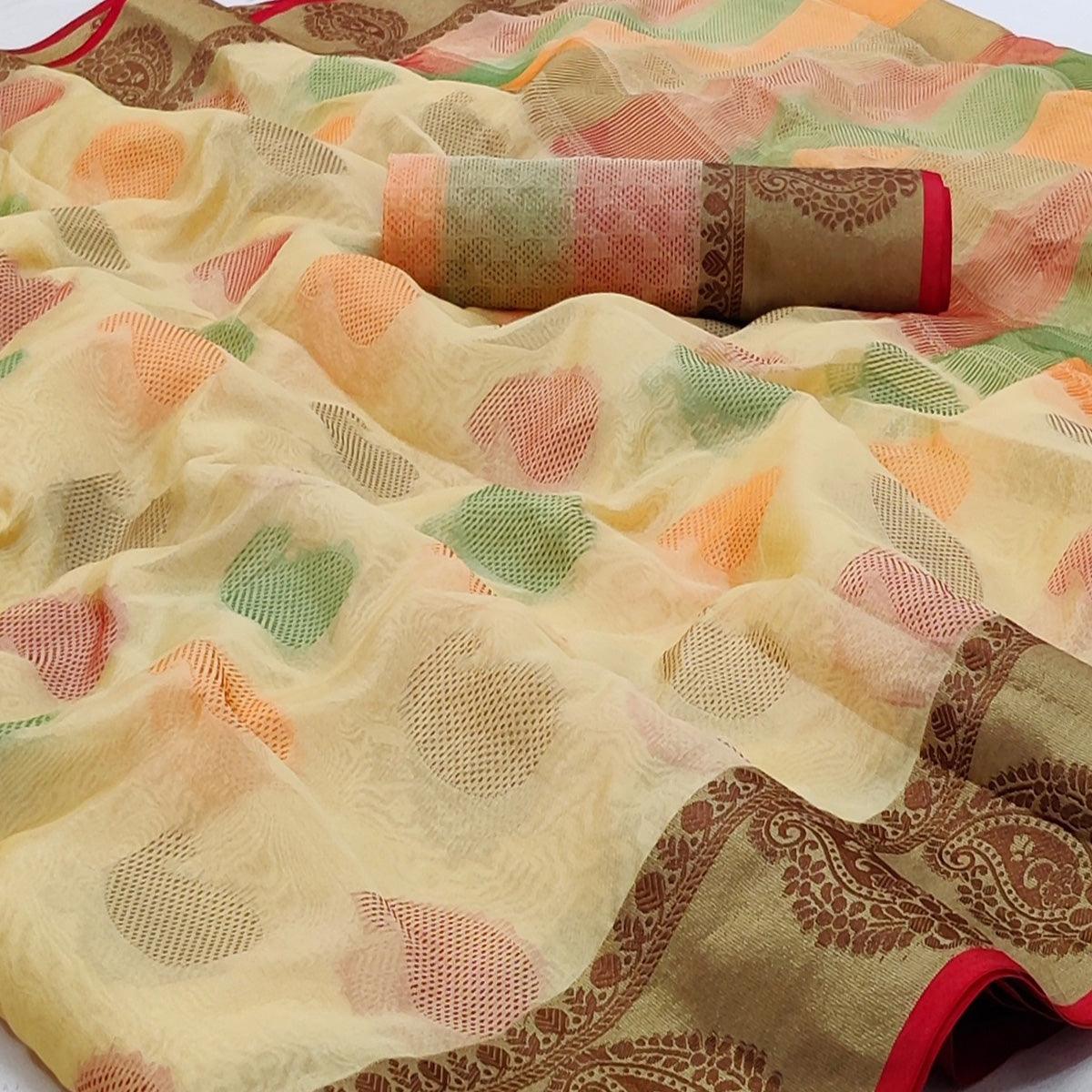 Peachmode Chikoo Festive Wear Woven Rich Pallu Organza Saree - view 2